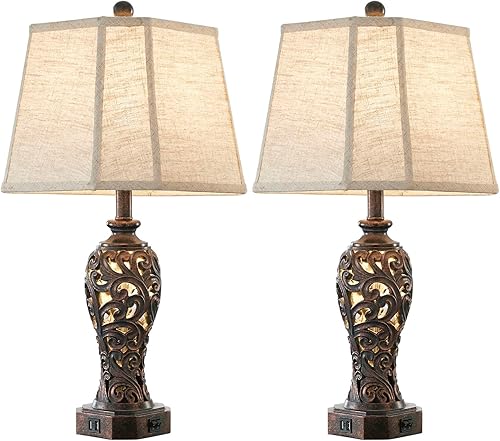 Miniatura 7 de Juego de 2 lámparas de mesa de granja para sala de estar, lámpara rústica vintage con 2 puertos USB, lámparas de resina de bronce para mesa auxiliar