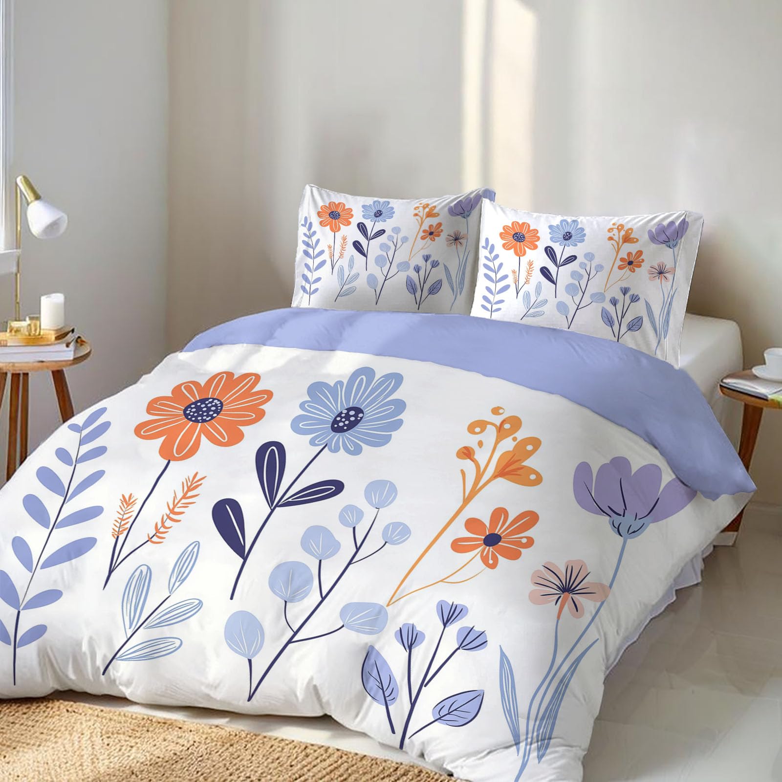 Housse de couette 200x200cm fleurs blanc avec ses taies d'oreiller