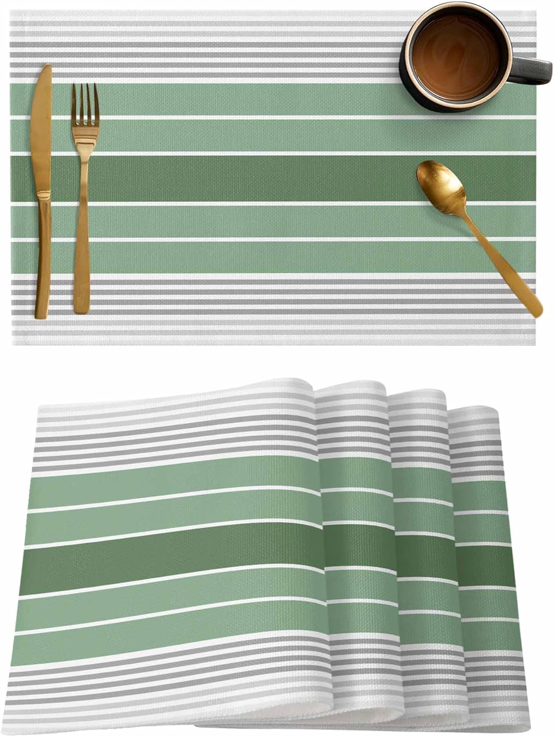 Placemats Set of 4, Farmhouse Sage Green Gray Gradient Stripe Minimalist Non Slip Table Mats 13x19 in, Heat Insulation Dining Placemats for Wedding Party Kitchen Decor