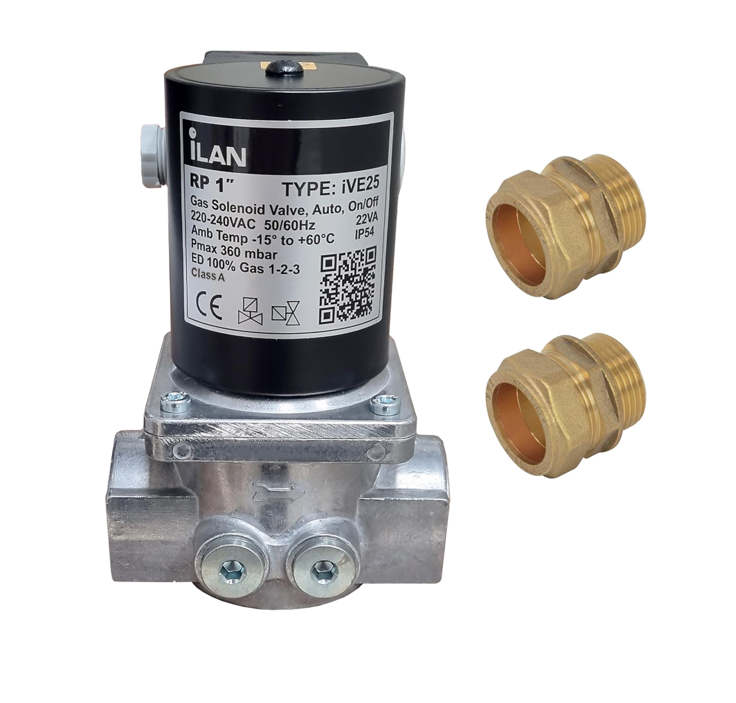 Gas Solenoid Valve 1"" (28mm) with 2x Fitting Adaptors 1 Inch to 28mm