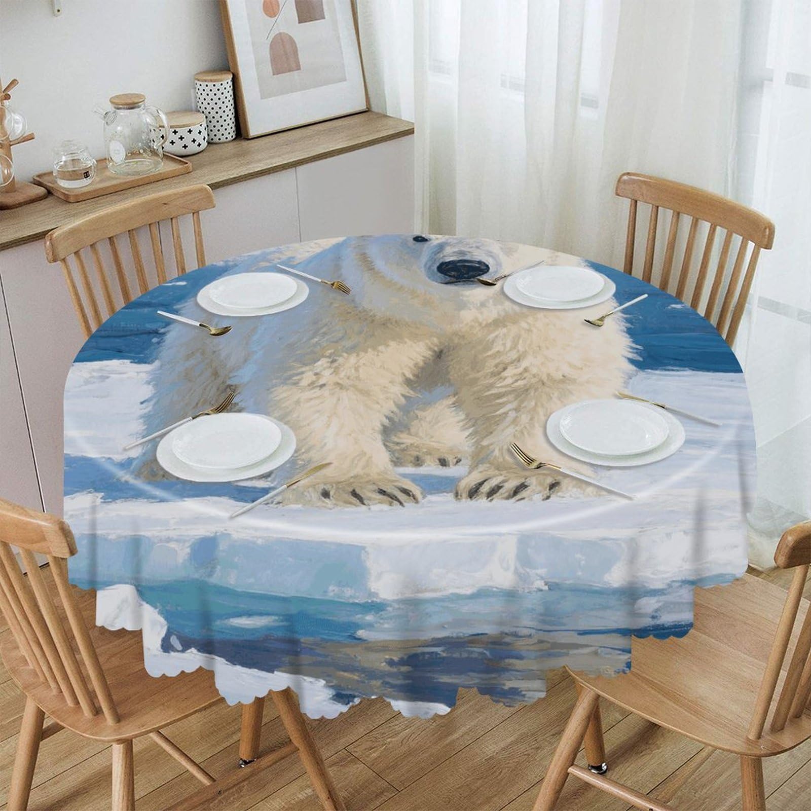 VstaDank Arctic Polar Bear Round Tablecloth Wipeable Round Polyester Tablecloth Waterproof Wrinkle Free Indoor and Outdoor Table Cover 60 Inch Decorative Farmhouse Table Cloth for Dining