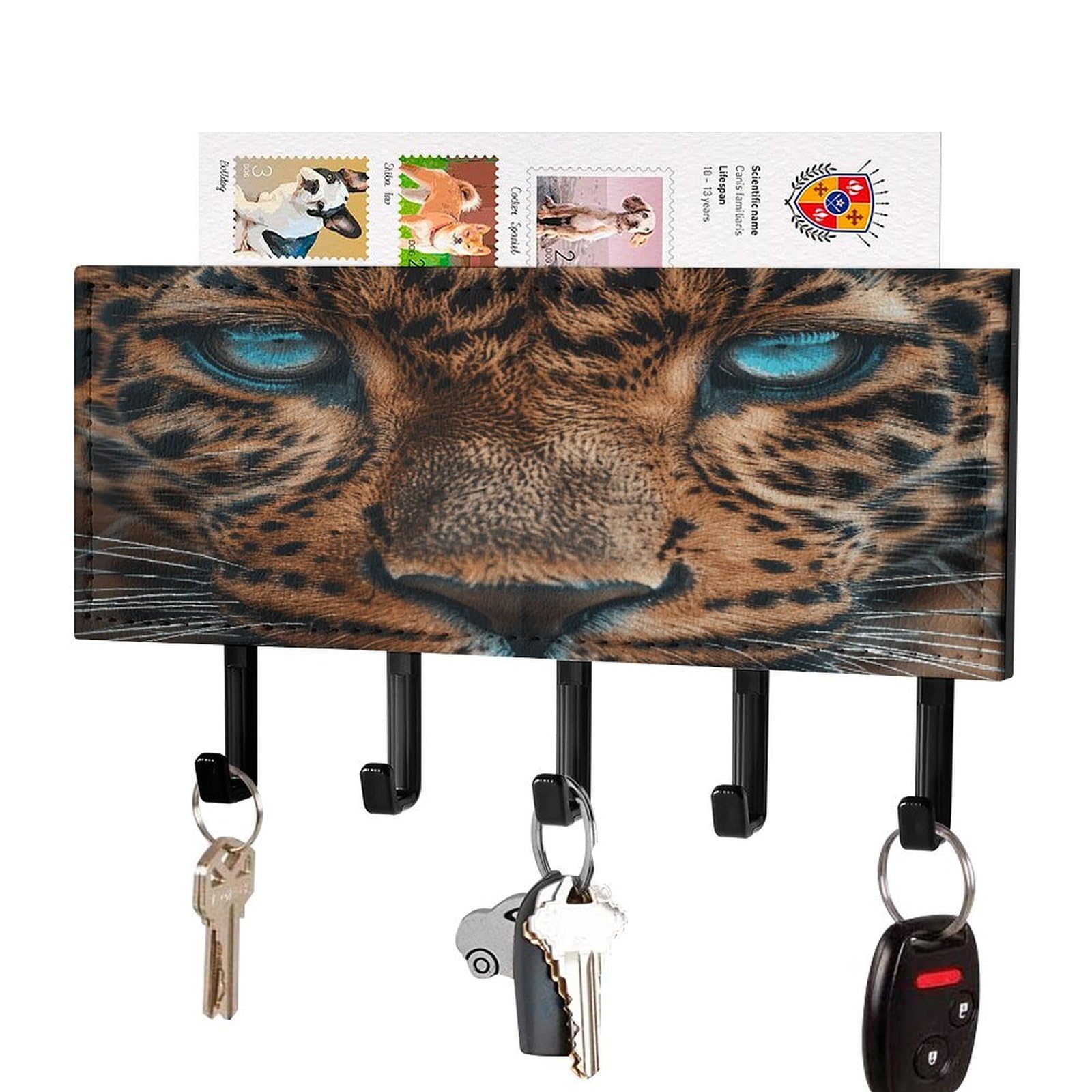 FekiLoot Leopard Face Key Holder Wall Mount Key Hanger with 5 Hooks Decorative Key Rack Hanging Key Hooks with Mail Organizer Key Holder for Wall Living Room Kitchen Bathroom Hallway Black
