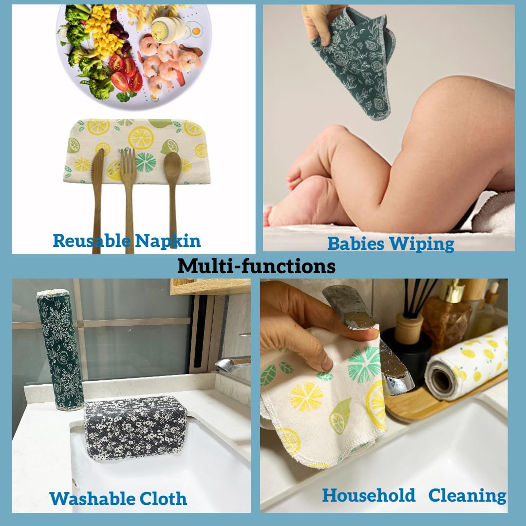 Toallas de papel reutilizables, lavables, juego de 4 colores, paquete de 20 toallas sin papel, 100% algodón, súper suaves, absorbentes, hechas para durar (E)