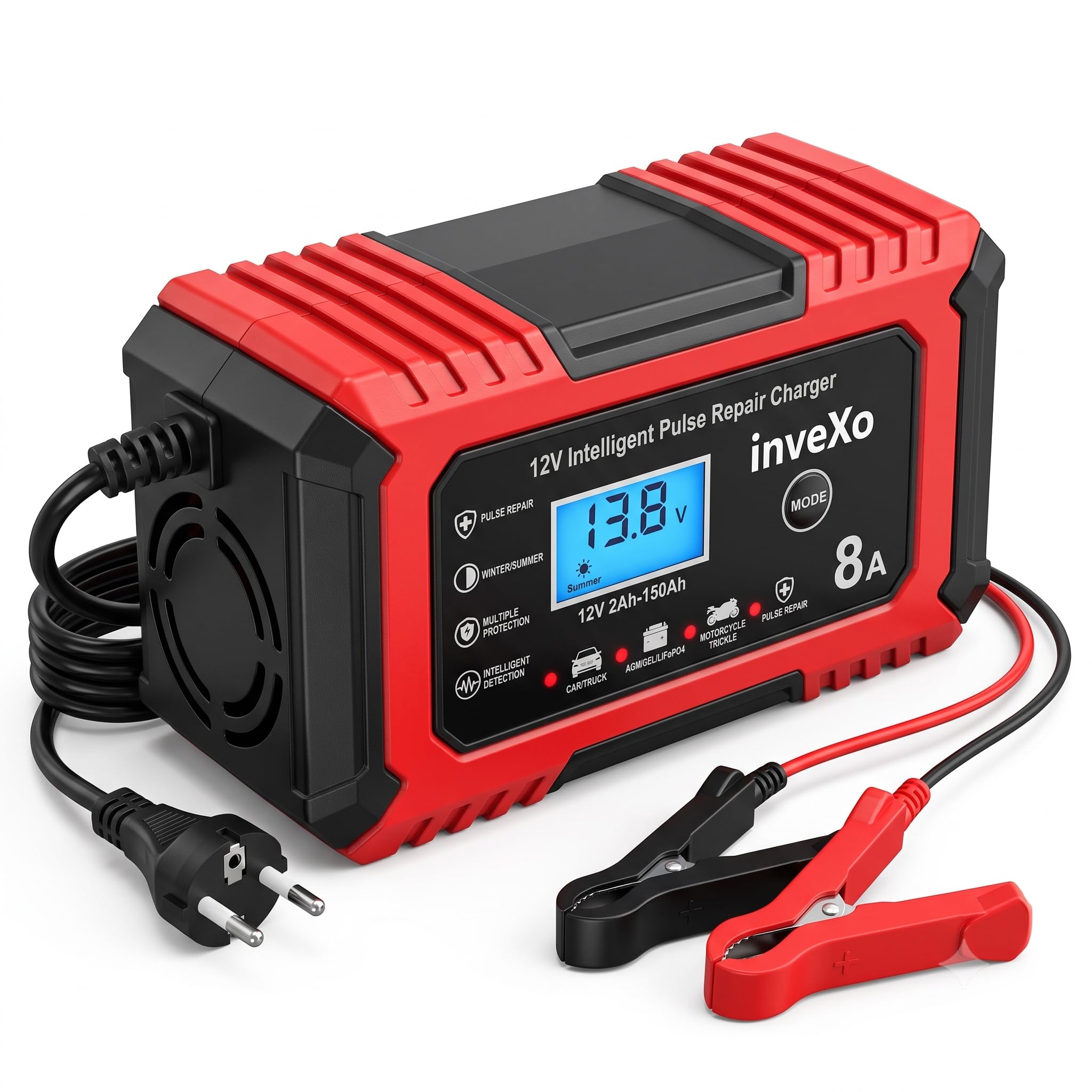 inveXo 12V 8A Automatic Car Battery Charger & Maintainer | Intelligent Pulse Repair, Auto Desulfator, Temperature Compensation | Car, Bike, AGM/Gel/LiFePO4 | 6 Months Warranty (4Ah-150Ah)-image-6