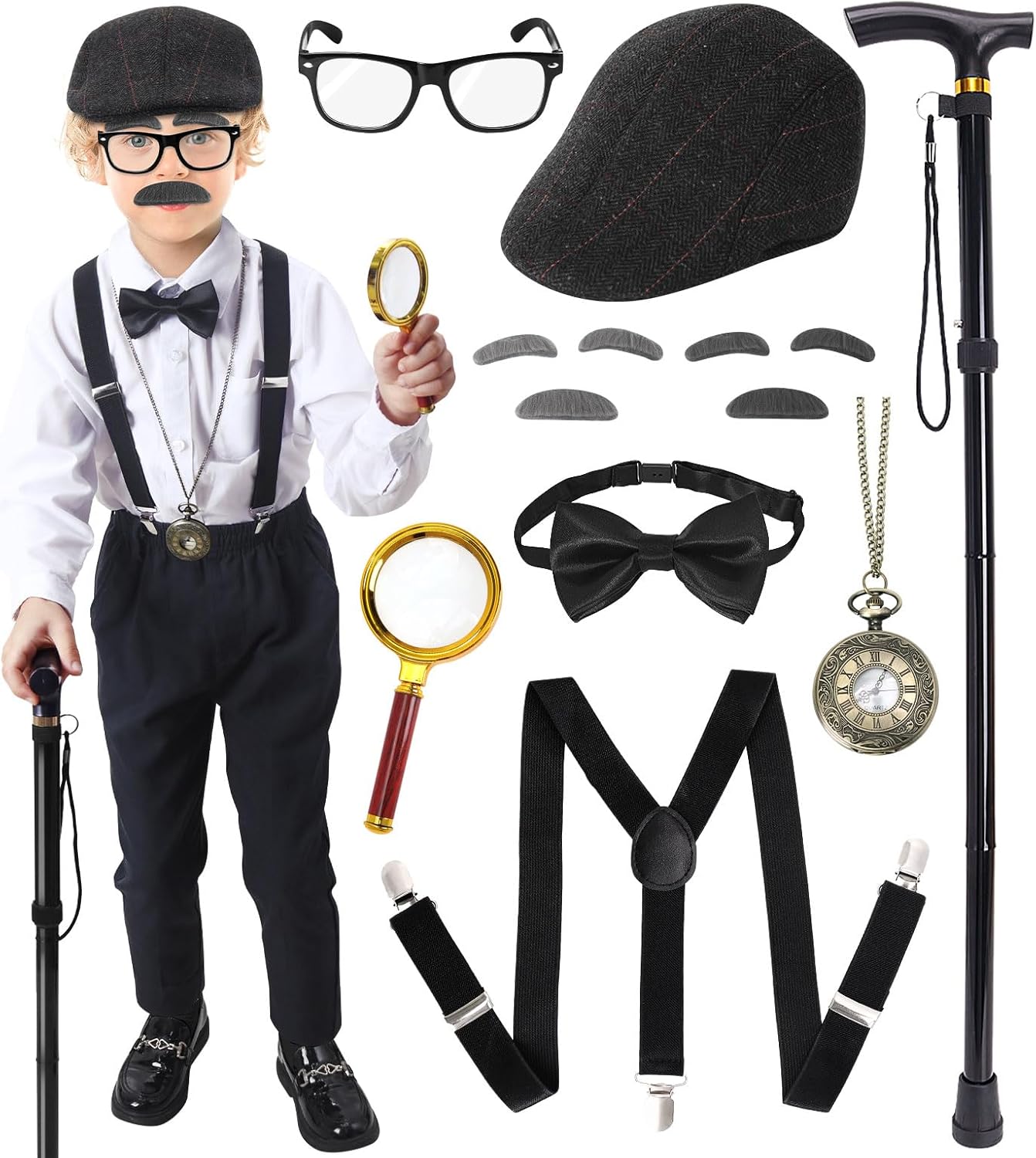 100 Days of School Costume for Boys Kids,Old Man Costume for Kids,Grandpa Costume Accessories Boys Set