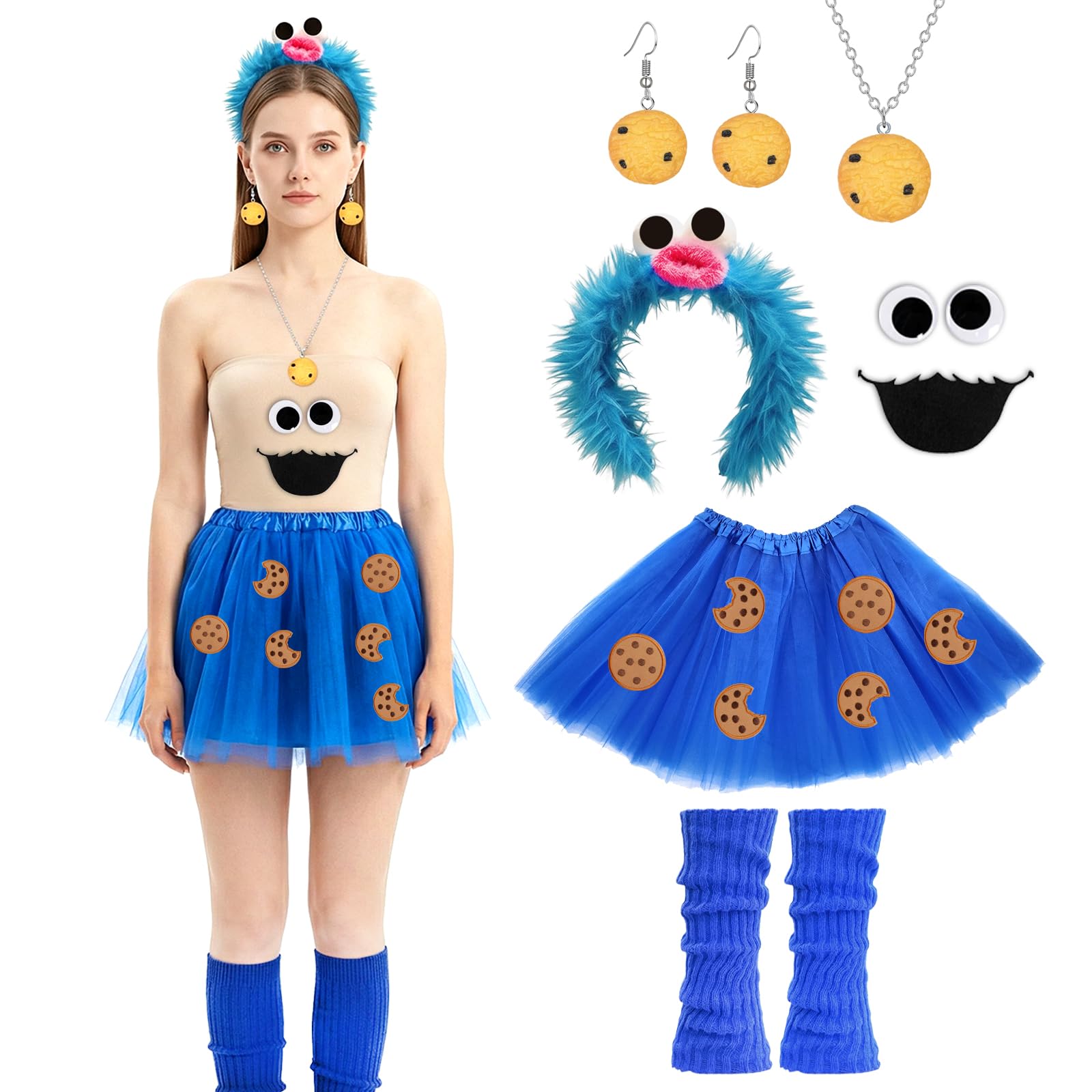 EDLMKM Blue Cookie Costume Women, Cute Cookie Costume, Monster Headband Women Girls Kids