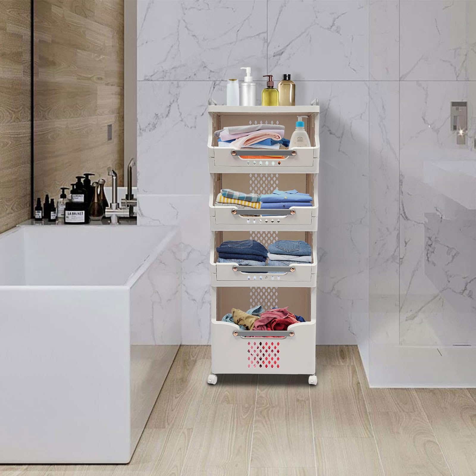Cesto portabiancheria pieghevole in plastica, con 4 scomparti, per bagno e camera da letto