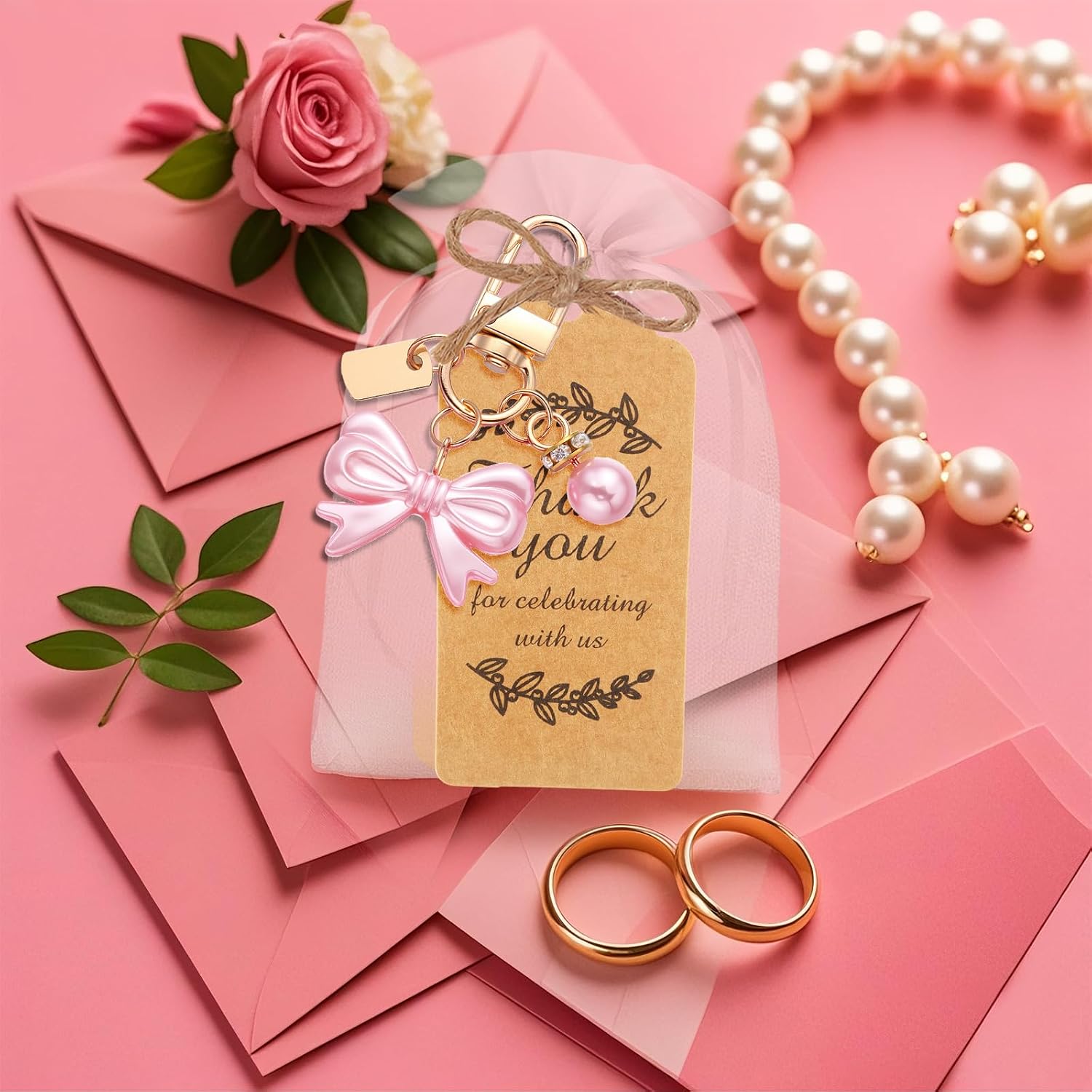 Ecation 20 Set Pearl Bow Keychain Party Favor Set Bow Purse Charm Present for Guest Baptism Bridal Shower Valentine Wedding