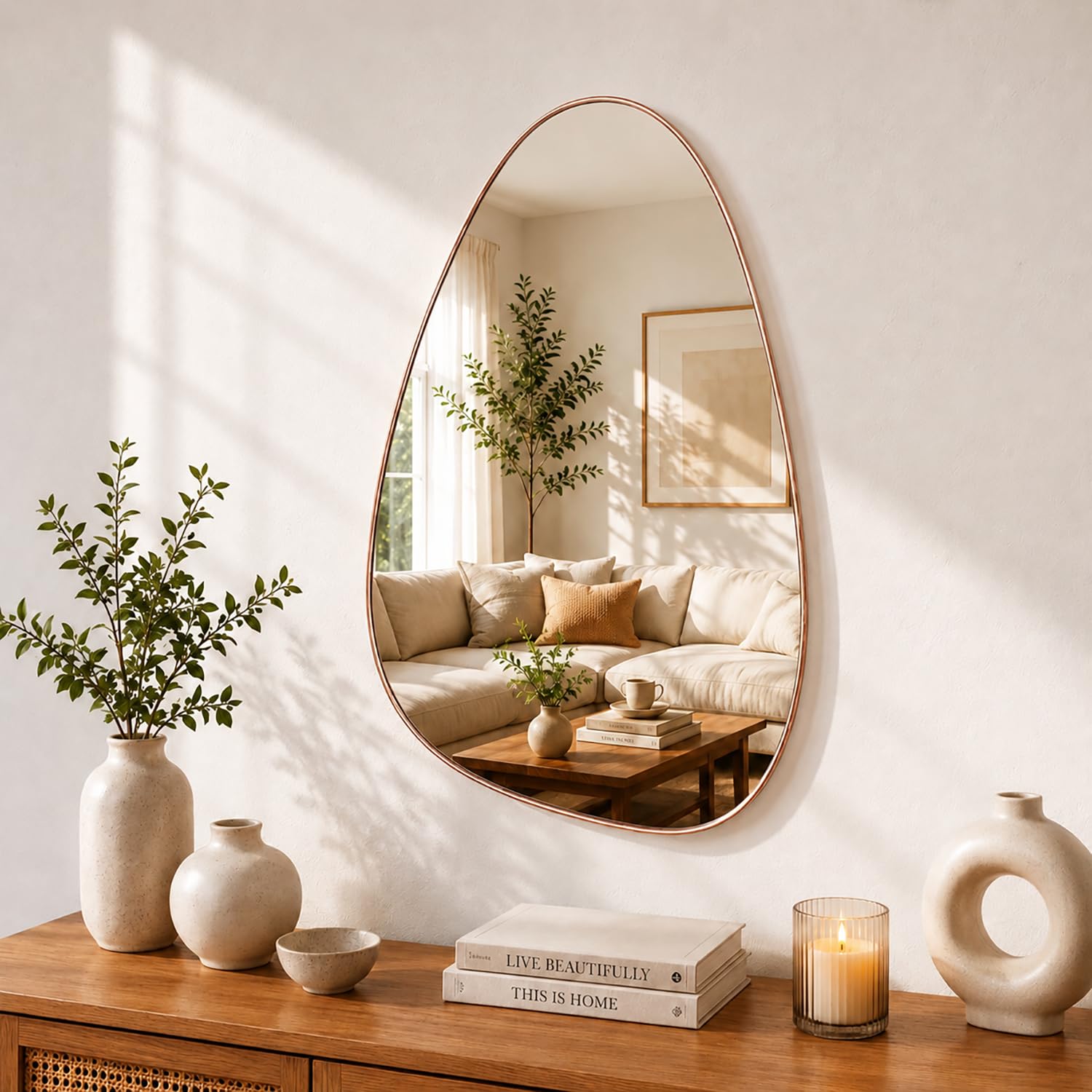 5mm Thick Irregular Wall Hanging Mirror – Asymmetric Teardrop Shaped Decorative Mirror with Sleek Rose Gold Bidding for Bedroom, Living Room, Vanity & Entryway-image-9