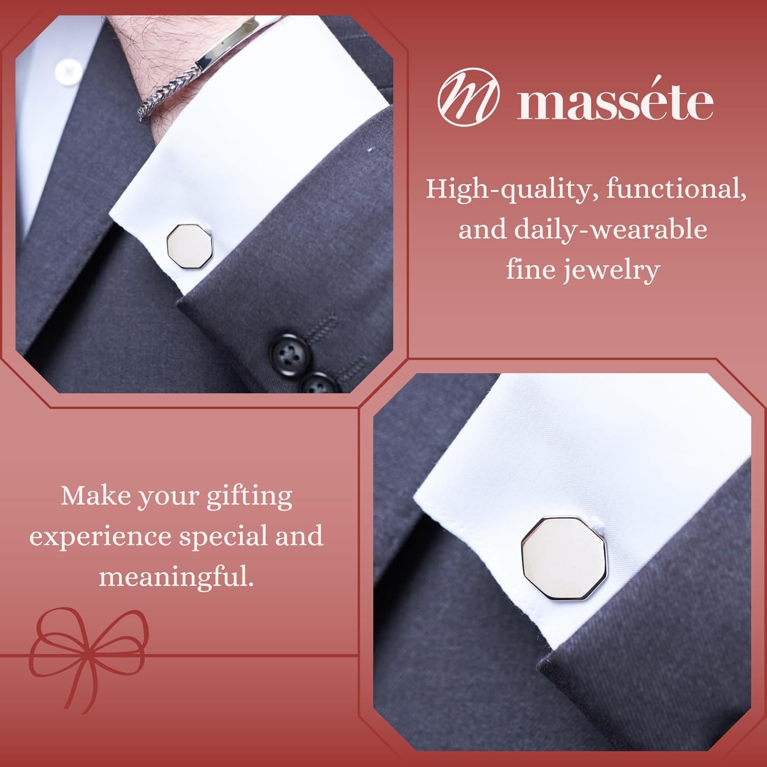 MASSETE Sterling Silver Cufflinks for Men Personalized with Engraved Initials or Name Gift for Men - Made in Italy