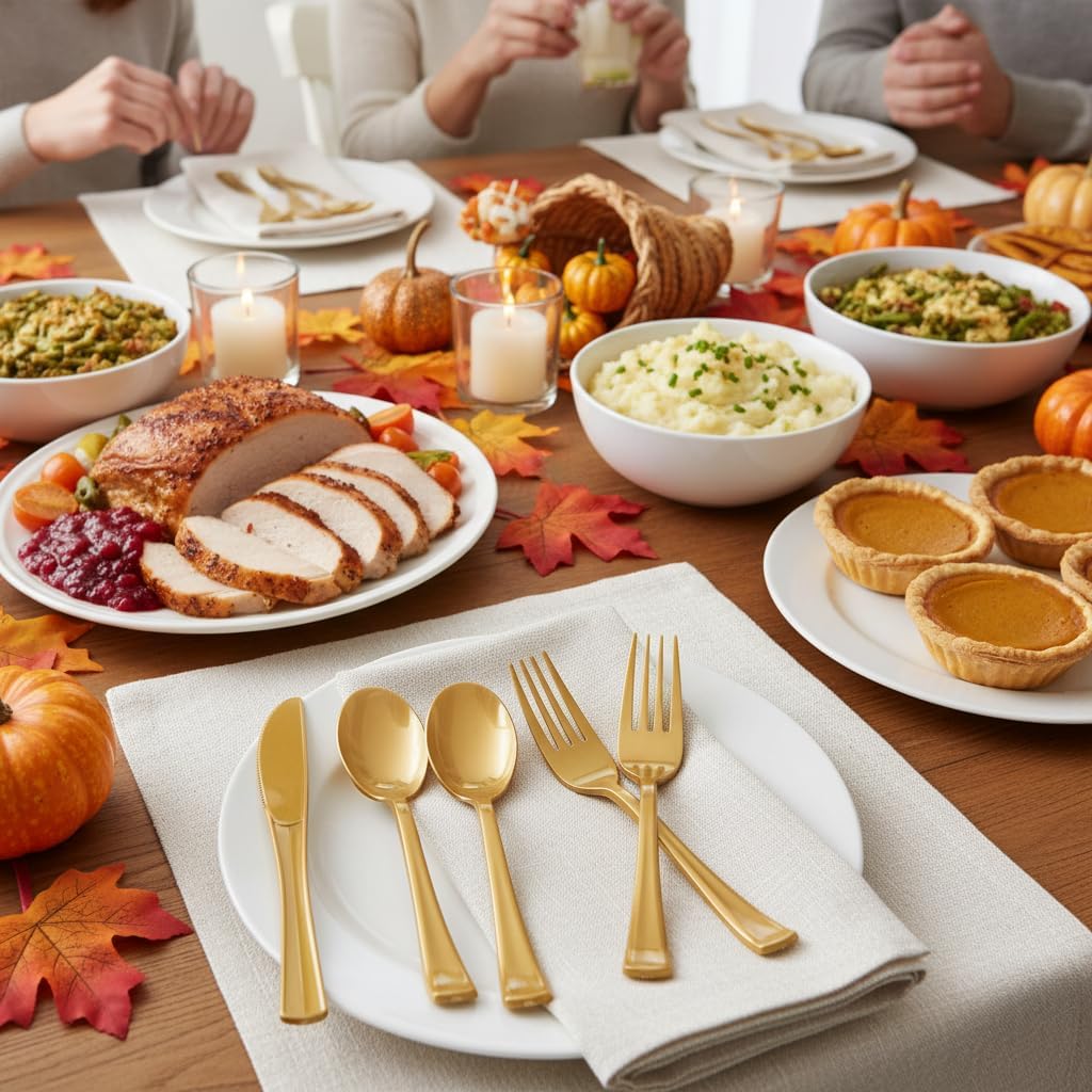 300 Pieces Of Golden Plastic Silverware,Heavy Duty, 100 Forks, 100 Spoons, 100 Knives, Heat-Resistant and BPA-free Disposable Silverware,Party Supplies, High-end Utensils