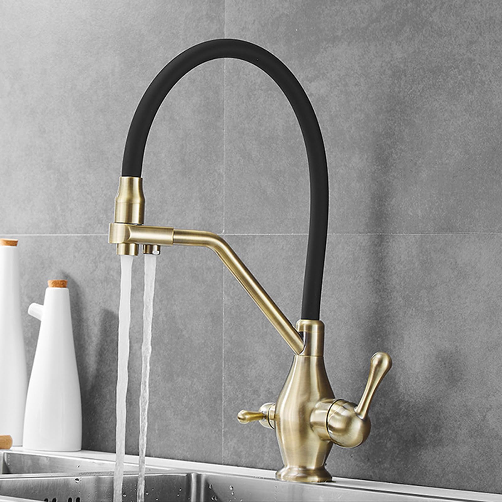 ZYCHSJXA 3 Way Taps for Kitchen Sink Bronze Retro Tap Dual Lever 360° Rotating Faucet
