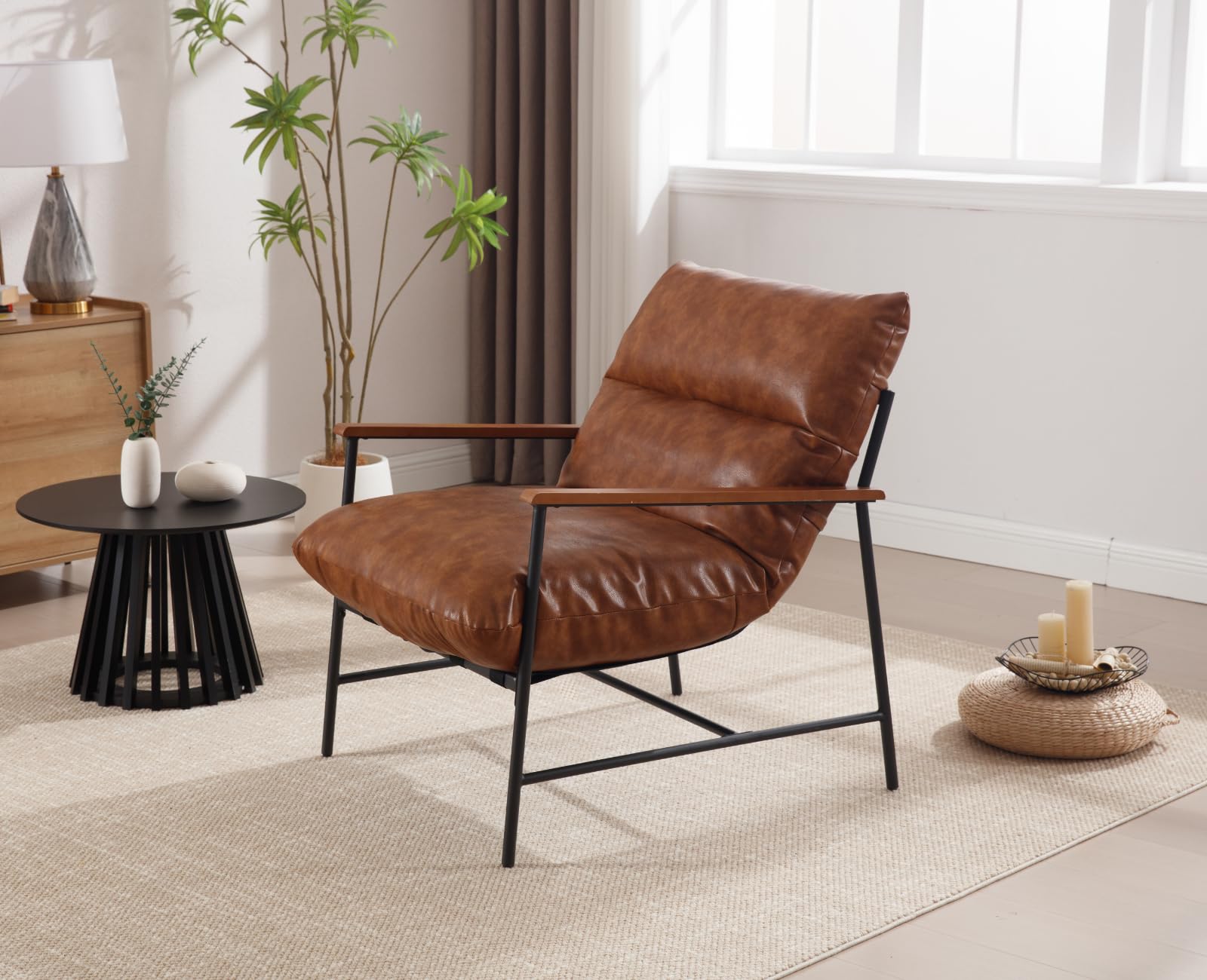 Wahson Butaca Sillón de PU Cuero Moderno Silla de Salón con Reposabrazos Madera,Silla Individual de Ocio Sencilla para Dormitorio/Apartamento,Marrón