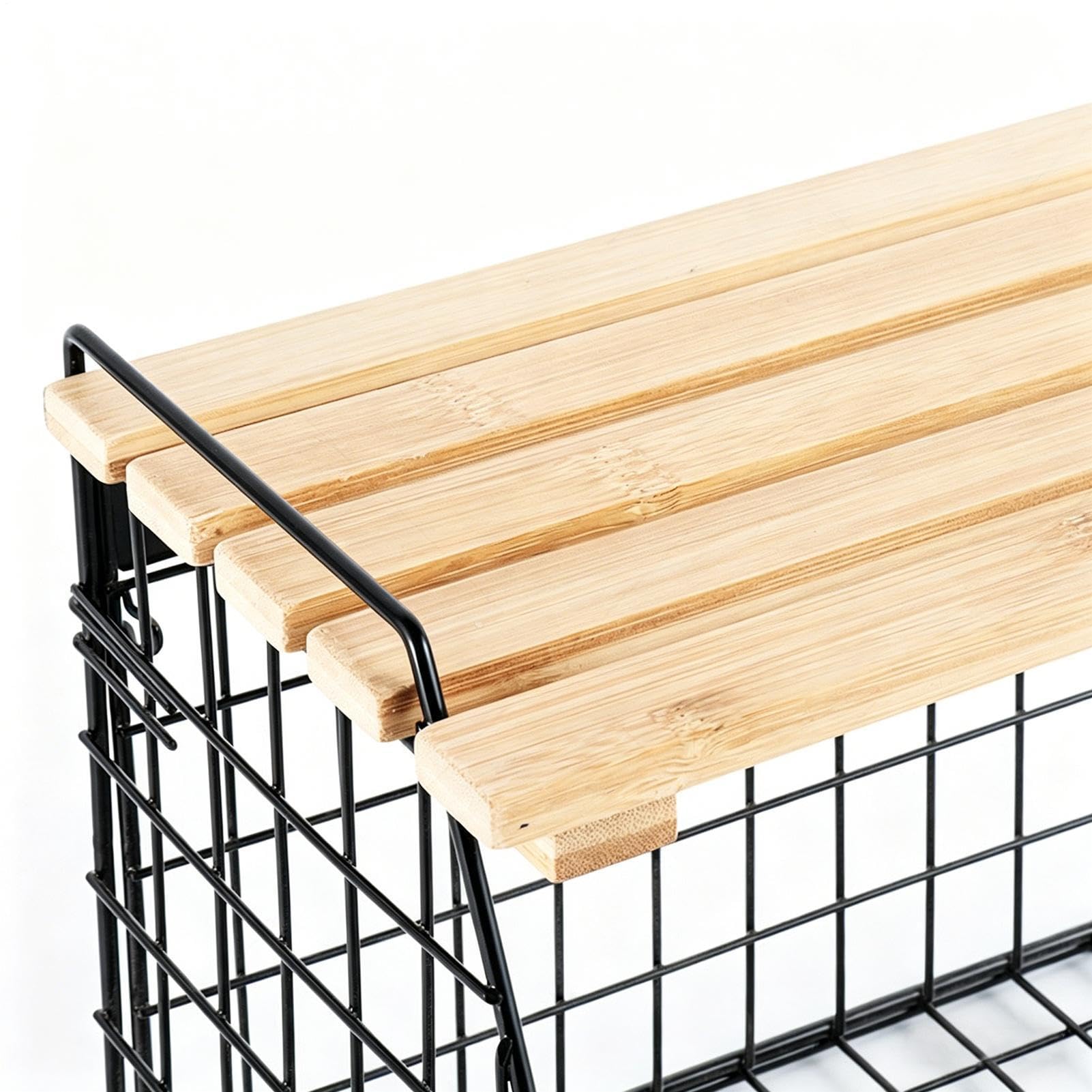 Cesta de alambre de almacenamiento, contenedor montado en la pared para uso en la cocina, marco de hierro con tapa de madera, función de diseño apilable, accesorio de fácil organización, adecuado para