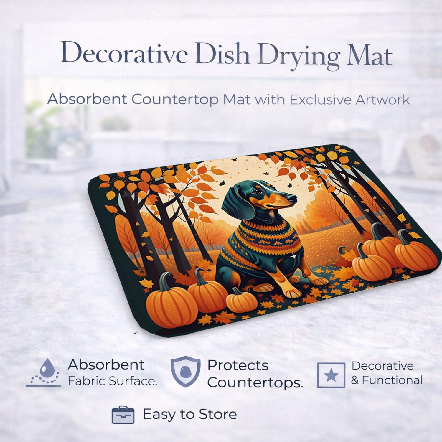 Caroline's Treasures DAC1042DDM Dachshund Fall Dish Drying Mat Absorbent Dish Drying Mat Pad for Kitchen Counter Dish Drainer Mat for Countertop, 14 x 21", Multicolor