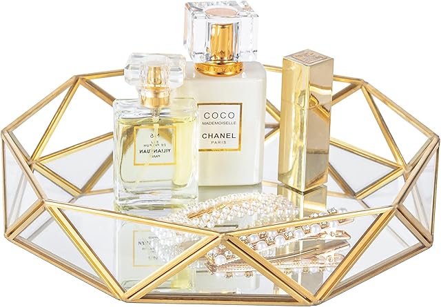 Feyarl Gold Glass Mirrored Tray Perfume Tray Make up Vanity Tray Jewelry Display Organizer Tray Ornate Cosmetic Tray Decorative Tray for Home Decor Dresser Tabletop (9.5Inch/24cm)