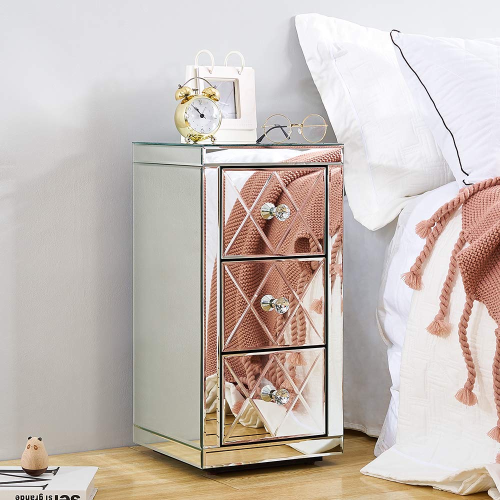 Modern Mirrored Glass Bedside Cabinet Unit with 3 Storage Drawer and Crystal Handles Nightstand Side End Table for Living Room Bedroom Furniture