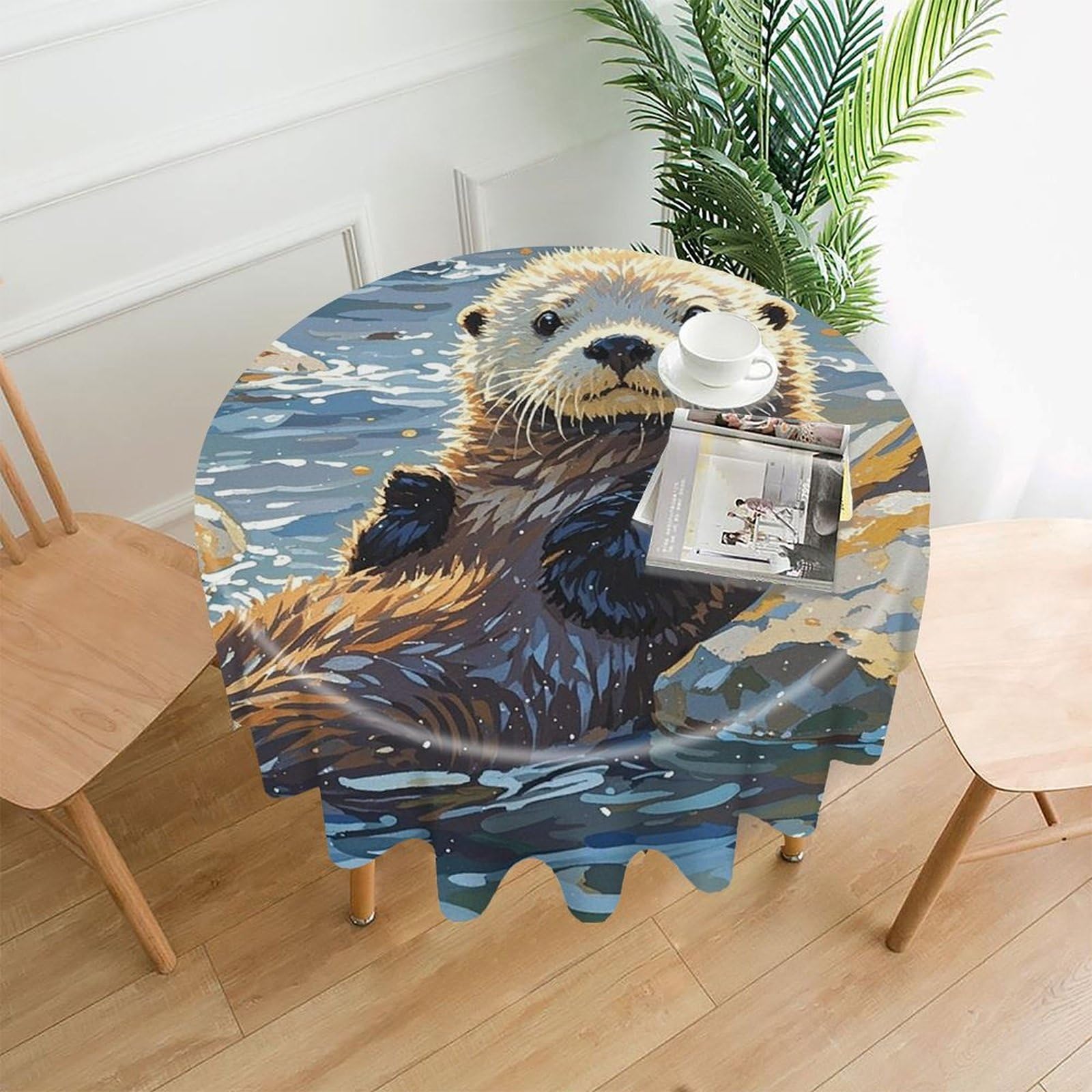 FekiLoot Sea Otters Painting Tablecloth Decorative Round Table Cloth Wrinkle Resistant Washable Circle Table Cover Round Tablecloth for Picnic Party Camping Dining 60 Inch