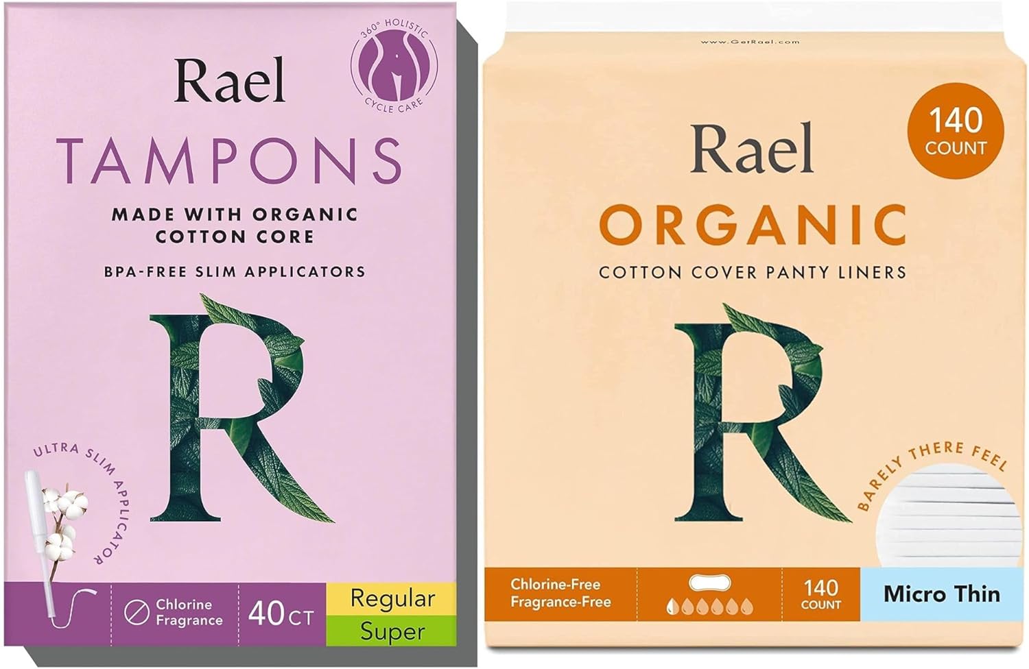 Rael Period Bundle - BPA-Free Slim Applicator Tampon (Regular & Super, 40 Count) & Organic Cotton Cover Panty Liners (Micro Thin, 140 Count)