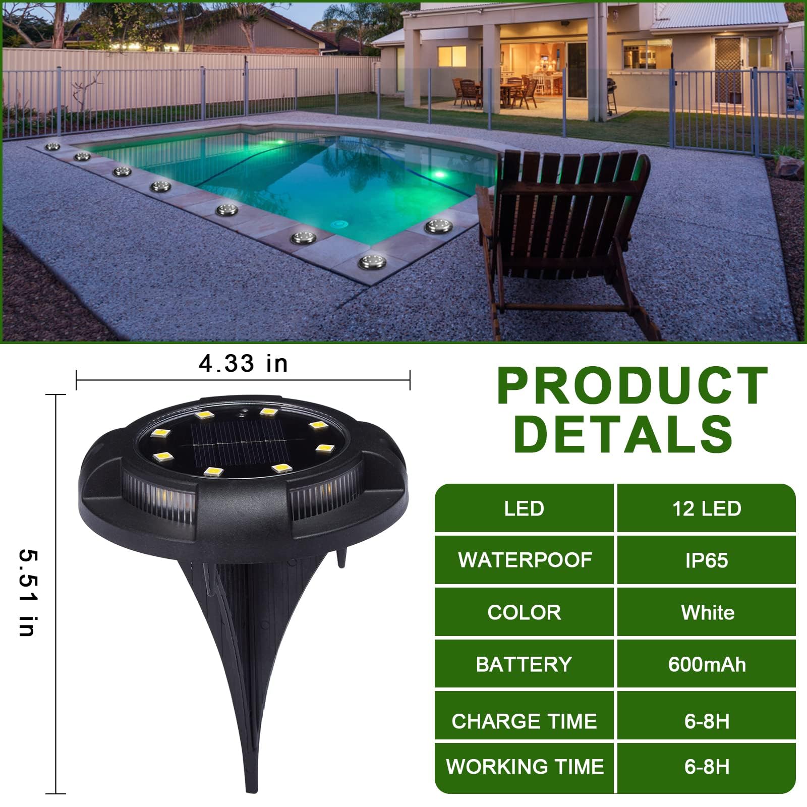 12 luci solari da esterni 12 confezioni da 12 luci a disco a LED ad energia solare impermeabili per giardino terrazza scale prato vialetto vialetto cortile decorazione (luce bianca 12 pezzi)