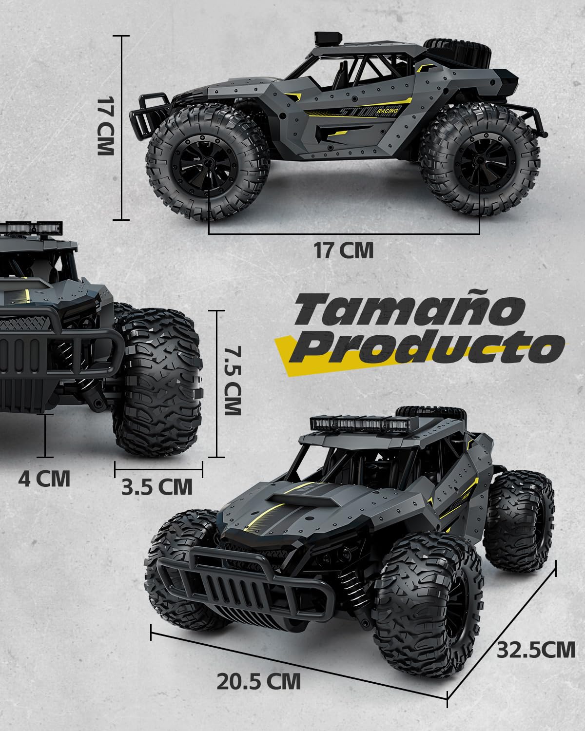 Tecnock Coches de Control Remoto para niños y Adultos, Escala 1:16, 20 km/h Tracción 2, camión Monstruo Todo Terreno, 2 Baterías para Juego de 60 Minutos, Juguetes Regalos para niños y niñas