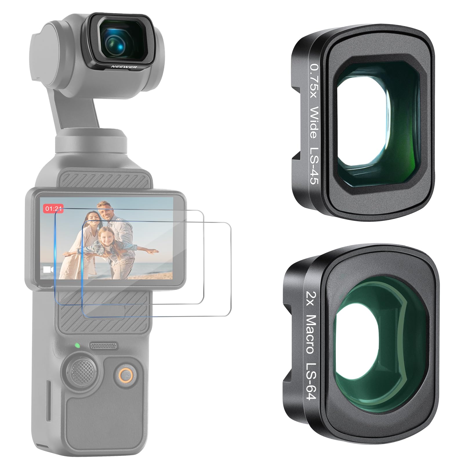 NEEWER 0.75X Wide Angle & 2X Macro Lens Set Compatible with DJI Osmo Pocket 3 Creator Combo Accessories, 108° FOV, 3 Elements in 3 Groups Macro Lens