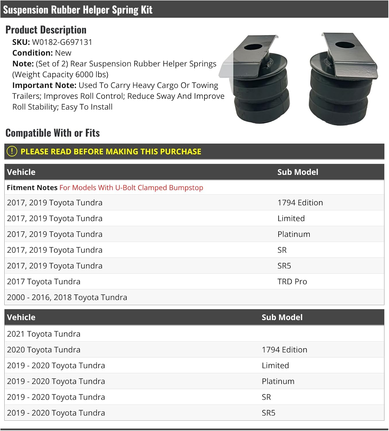 Rear Suspension Rubber Helper Springs (Weight Capacity 6000 lbs) - Compatible with 2000-2021 Toyota Tundra