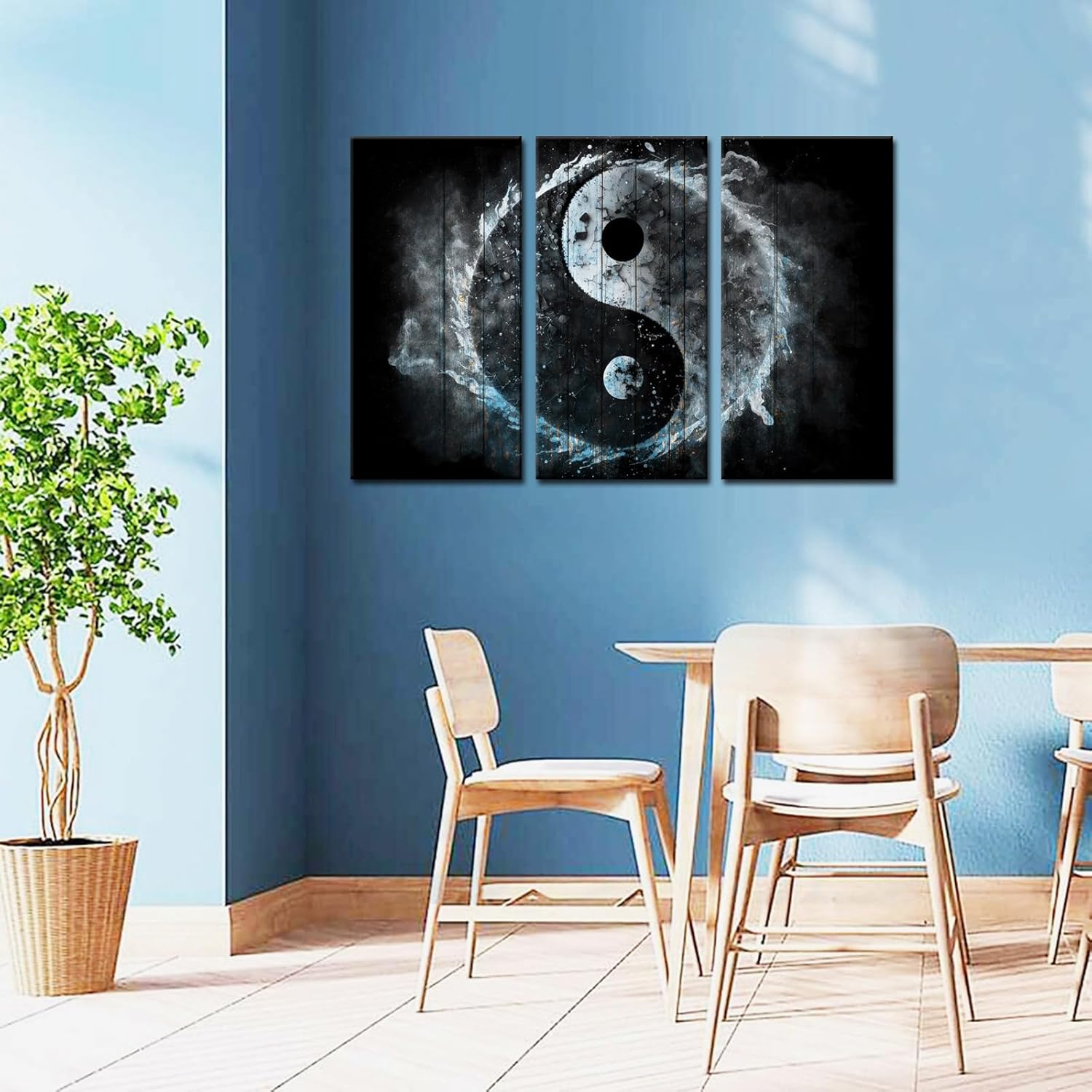 Biuteawal 3 Panel Wall Art Yin Yang Symbol on Wood Backgroud Picture Traditional Chinese Culture Art Prints Black White Blue Painting Retro Artwork Home Office Living Room Bedroom Decor Gallery