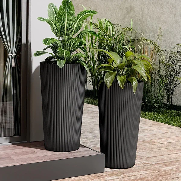 Trygoal 23.6" Tall Planters for Outdoor Plants,Large Outdoor Planters for Front Porch Decor with Drainage Hole, Flower Pots Fits Indoor Plants Patio/Garden, Plastic Striped Black (2 Pack)