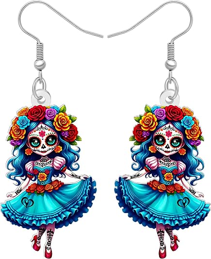 NEWEI Acrylic Horror Day of the Dead Creepy Doll Dangle Earrings Halloween Gifts for Women, Spooky Mexican Voodoo Dolls, Quirky Halloween Costume Jewelry Accessories