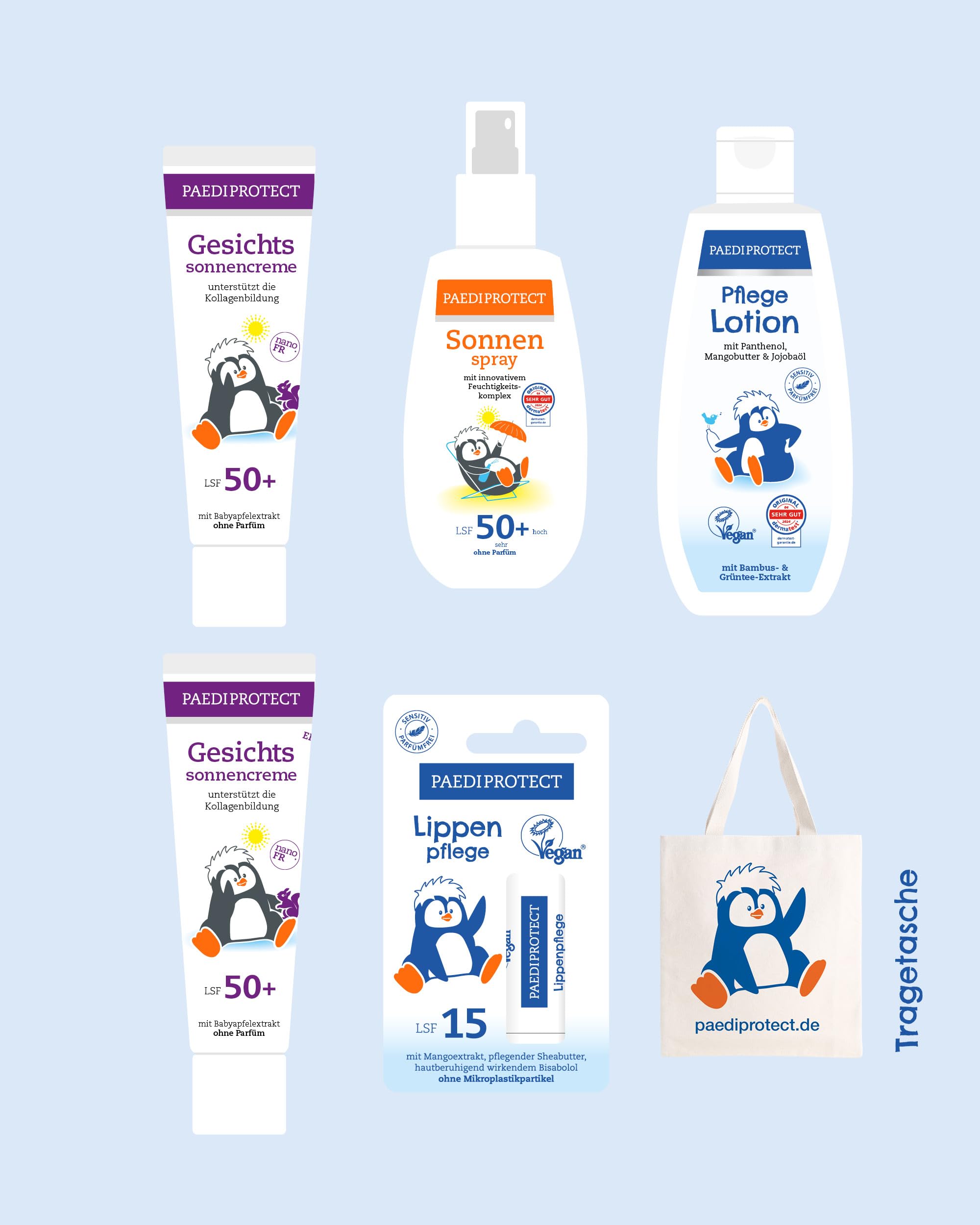 PAEDIPROTECT Frühlings-Set 5 Baby- & Kinder Sonnenschutz LSF 50+ & Hautpflege Produkte, inkl. 2x Gesichtssonnencreme, 1x Sonnenspray, 1x Pflegelotion & 1x Lippenpflege, veganes Pflegeset Geschenkset