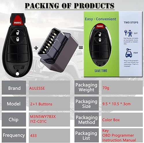 Miniatura 6 de AULESSE OBD - Herramienta programadora de llavero 2+1 botón para J-eep DOD-ge Ch-rysler, kit de automóvil de entrada sin llave, frecuencia 433 con