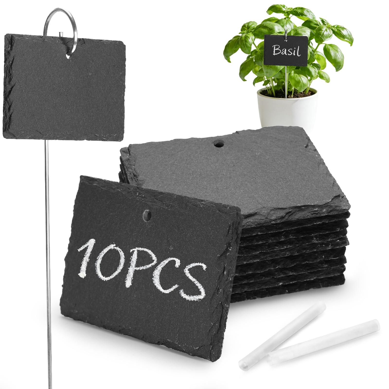 KINGLAKE 10 pièces étiquette pour plante en ardoise, étiquettes jardin exterieur, avec une tige de fer et de la craie, étiquette potager réutilisables, etiquettes semis plantation-rectangle