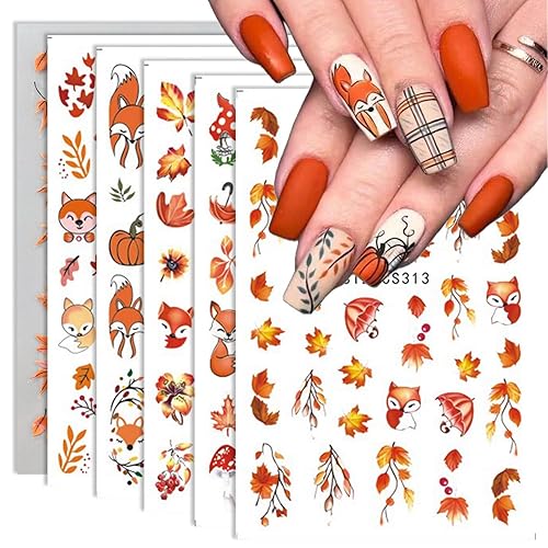 Fall Nail Art Stickers Cute Fox Maple Leaves Self-Adhesive Fall