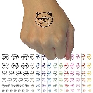 Grumpy Persian Cat Face Temporary Tattoo Water Resistant Fake Body Art Set Collection - Brown (One Sheet)