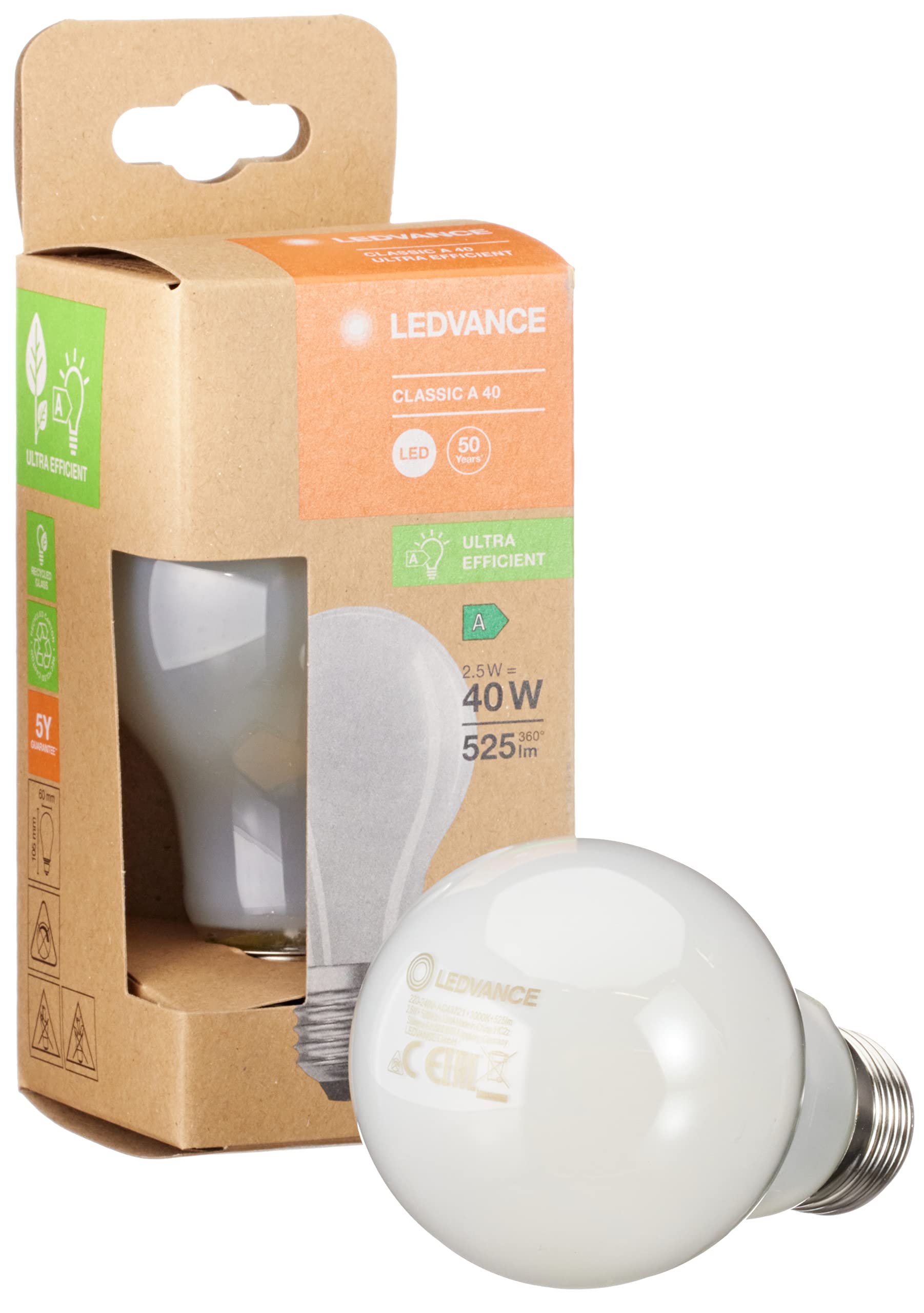 LEDVANCE LED Stromsparlampe, Matte Birne mit E27 Sockel, Warmweiß (3000K), 2,5 Watt, ersetzt herkömmliche 40W-Leuchtmittel, besonders hohe Energieeffizienz und stromsparend, 6er-Pack