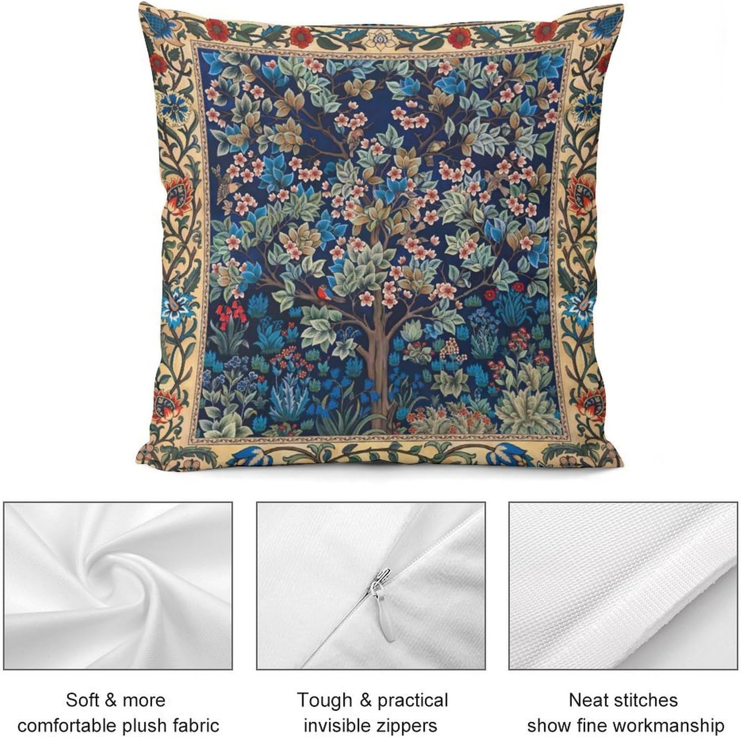 William Morris Floral Original Throw Pillow Covers Boho Art Retro Design Cozy Square Throw Pillowcases Home Decor for Bed Couch Sofa Living Room Cushion Cover 22"X22"Set of 2
