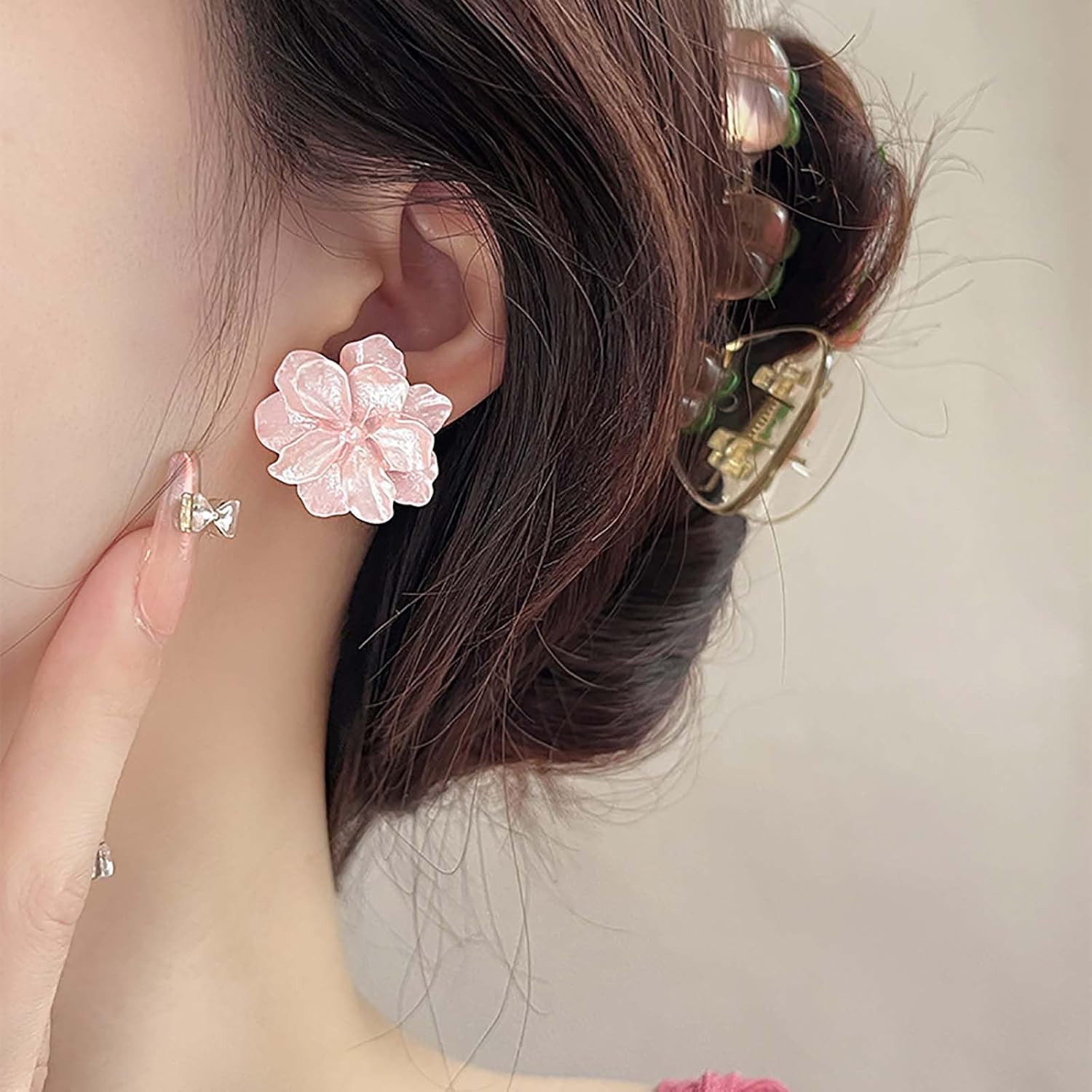 Boho Flower Earrings Acrylic Flower Earrings Flower Wedding Bridal Earrings Pink Flower Studs Earrings Vintage Camellia Flower Statement Earrings for Women - Image 3