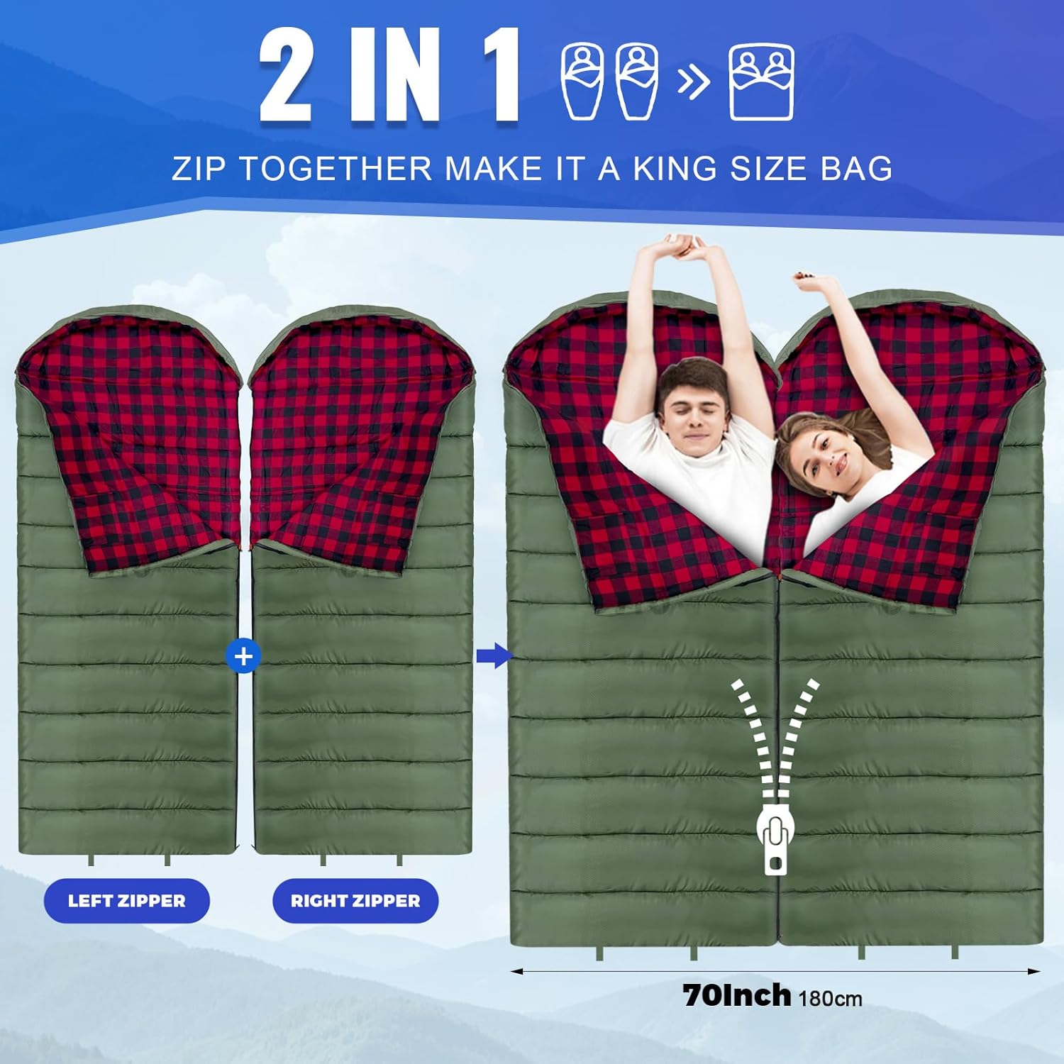 0 Degree Sleeping Bag Cotton Flannel Winter Cold Weather for Adults XXL Sleeping Bag 4 Season Big and Tall with Pillow Compression Sack - Image 5