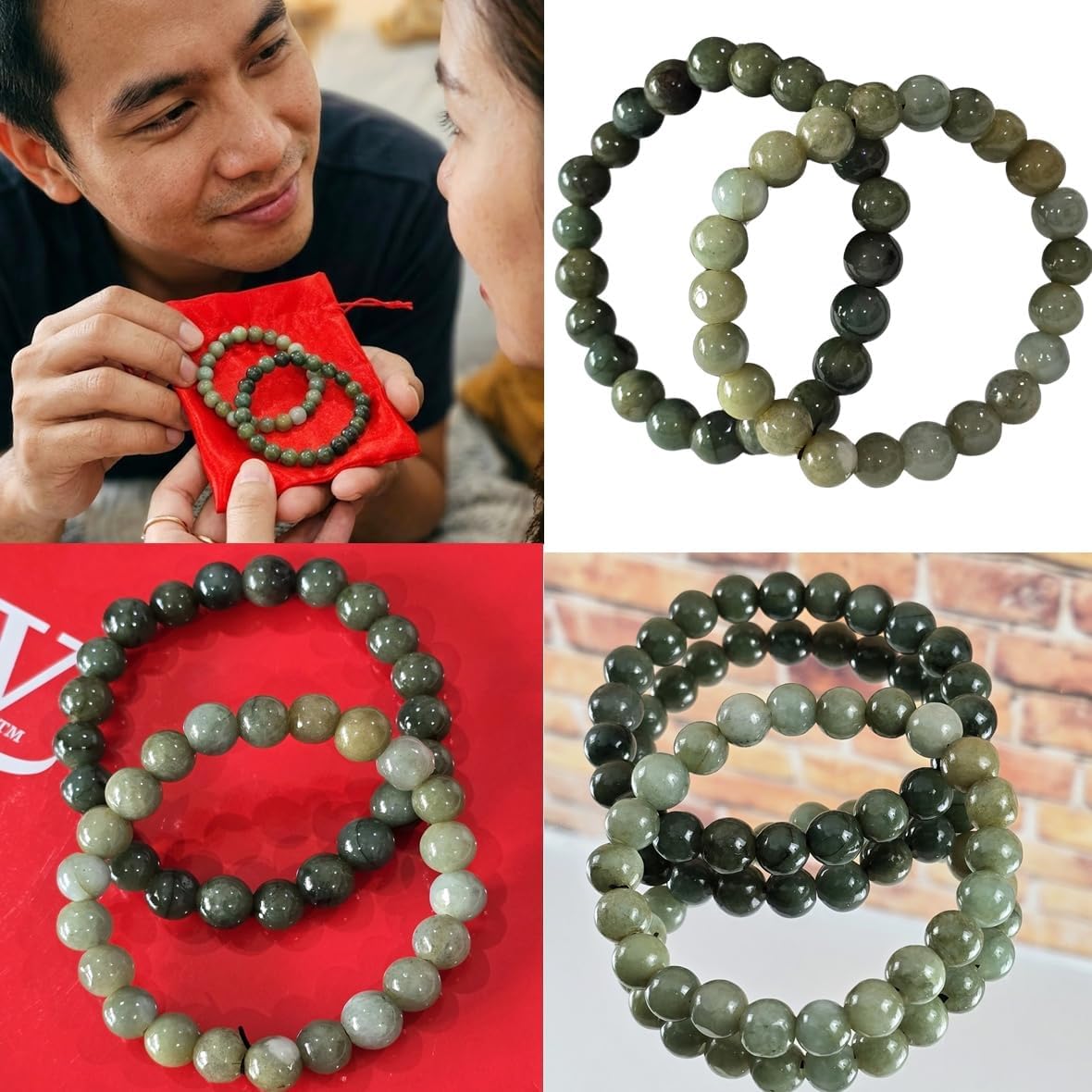 Dark Green and Green Jade Beaded Stretch Bracelet, Natural Jadeite, 9.50-10.00 mm Beads, Feng Shui Healing Crystal, Unisex, with Red Satin Pouch