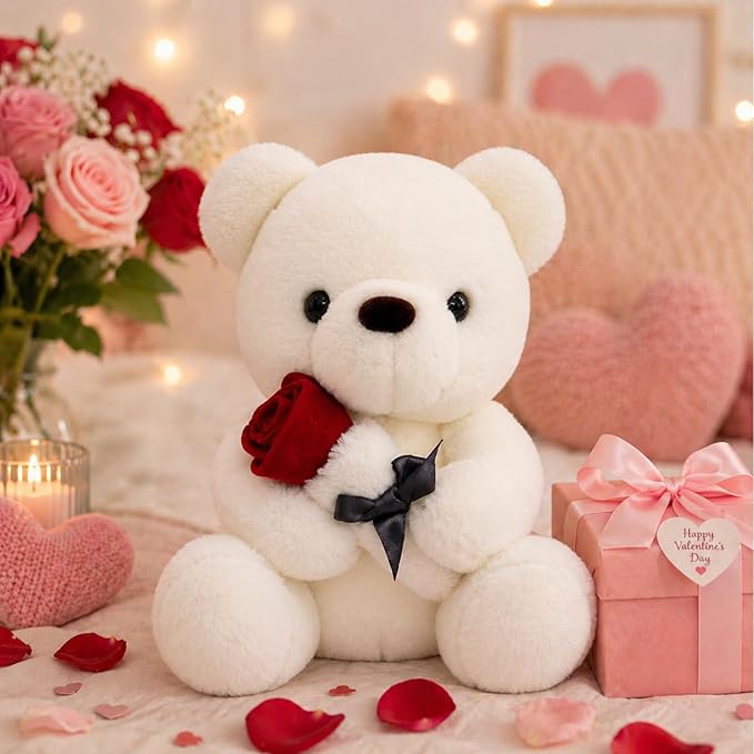 Oso de Peluche Suave con Rosa, Regalo para San Valentín 9.84in Blanco miniatura 9