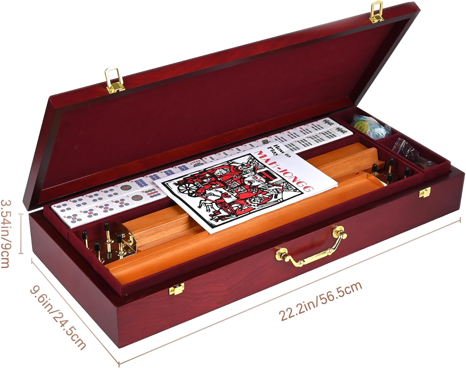 American Mahjong Set with Red Wooden Case - 1.18" (30mm) Golden Acrylic Tiles, Includes Jokers, Racks, Push Sticks, Chips, Manual, Wind Indicators & 3 Dices - Complete Game Set for Adults