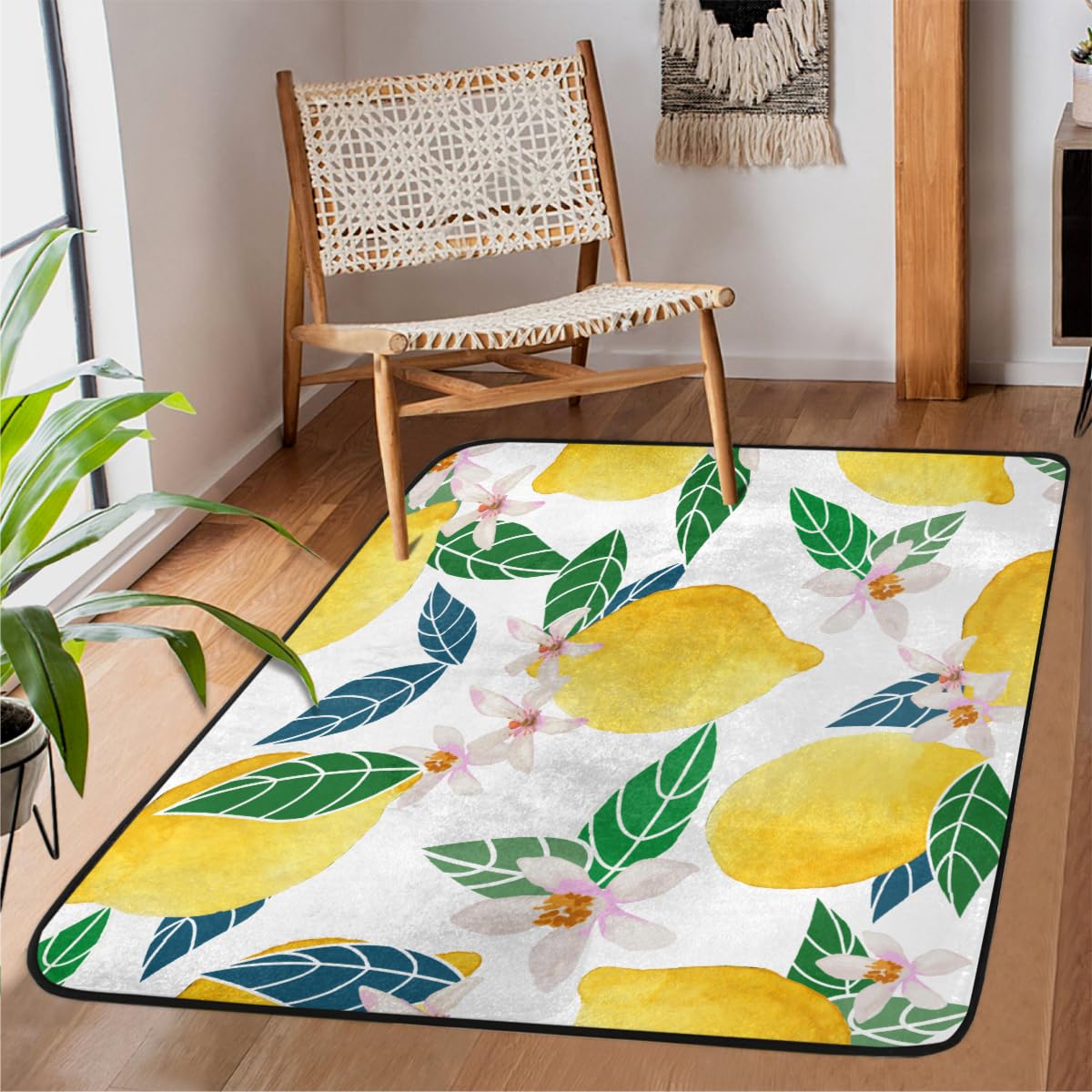 Tapis enfant motif floral citron antidérapant doux pour chambre 122x160