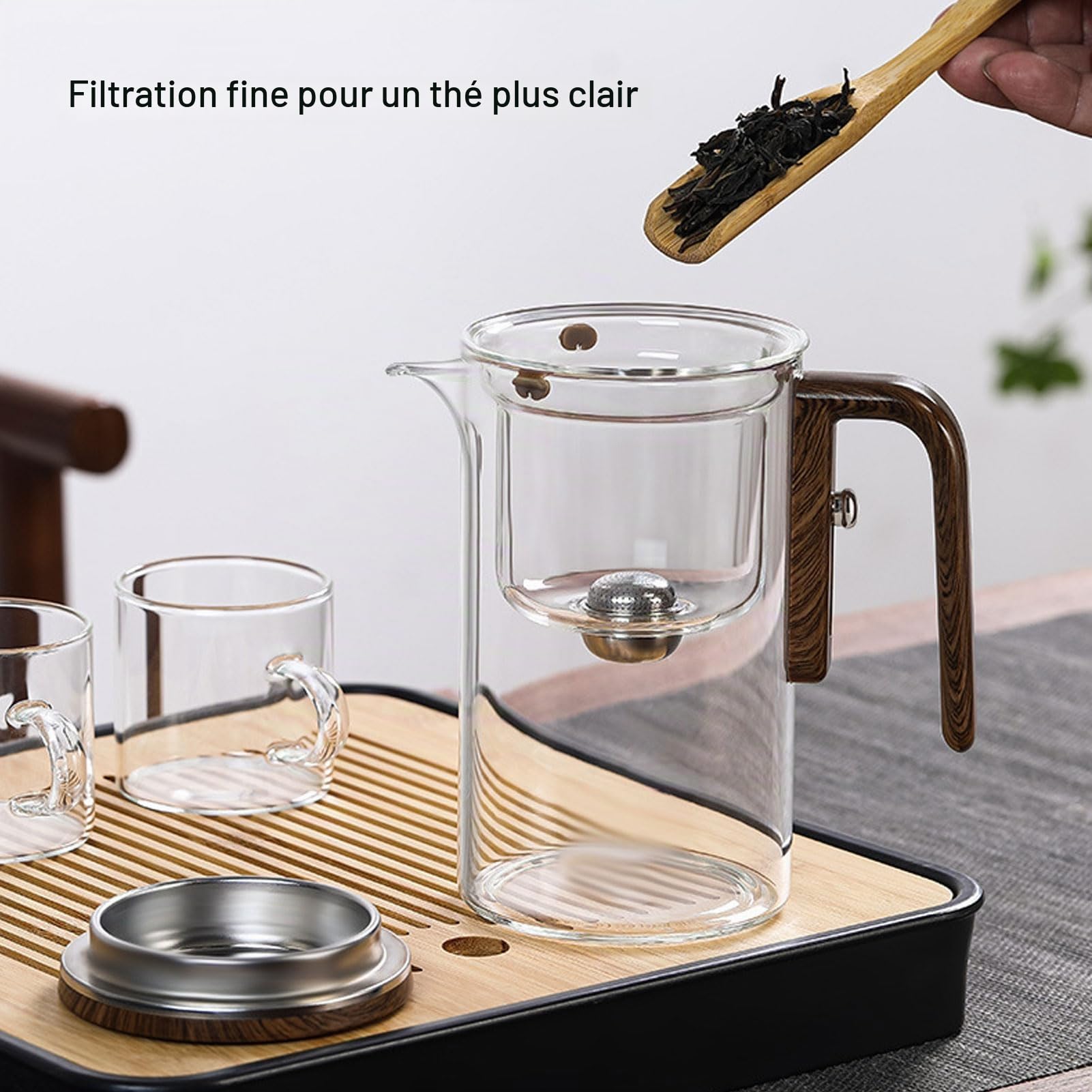 Théière, Théière en Verre de Séparation D'eau de 800 Ml avec Infuseur, Poignée en Bois, Interrupteur Magnétique, Théière en Verre Transparente, Bouilloire à thé pour la Maison
