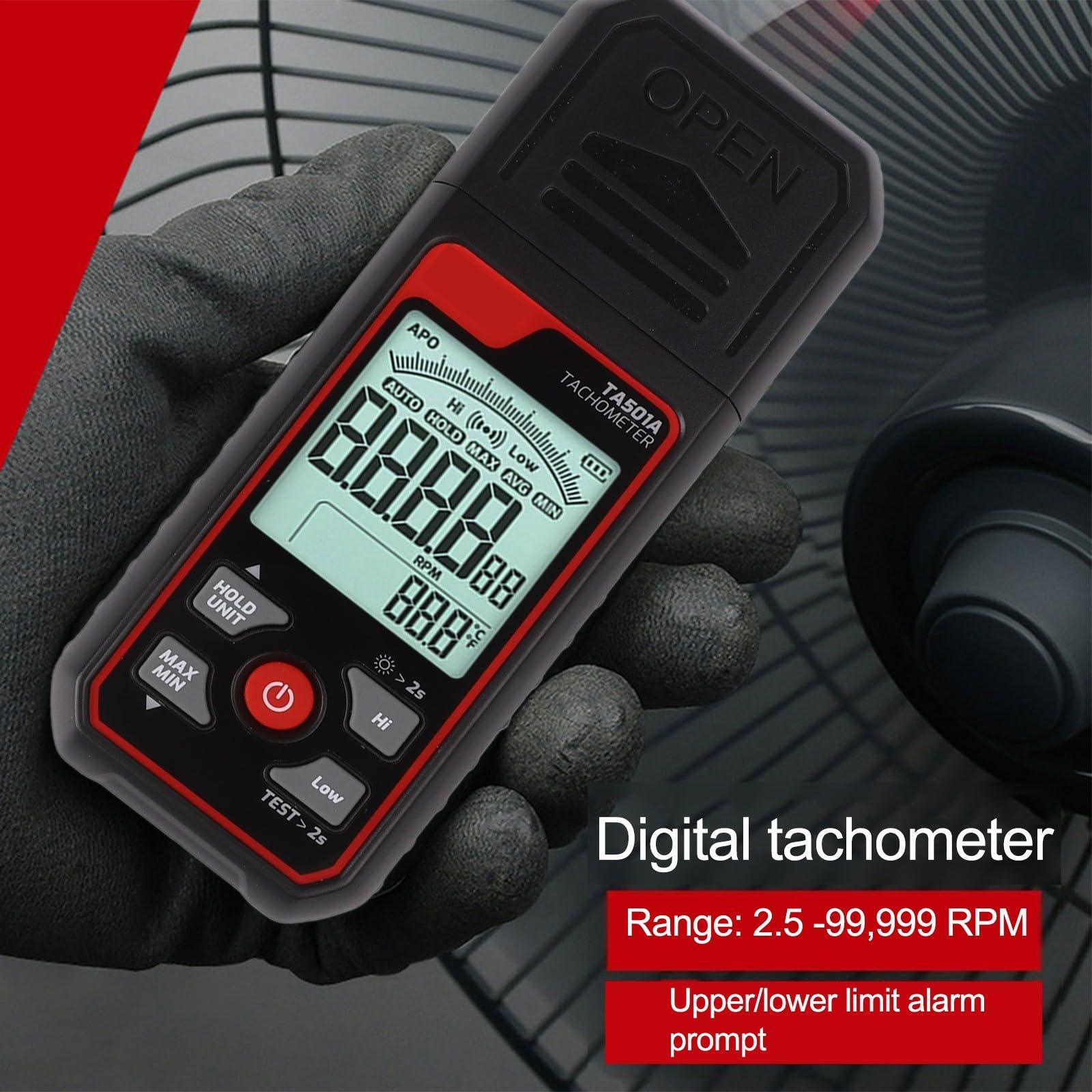 Tacómetro digital TA501A medidor de RPM fotoeléctrico sin contacto 25-99999RPM retroiluminación LCD bloqueo de datos máx/mín/prom alarma motor ventilador prueba