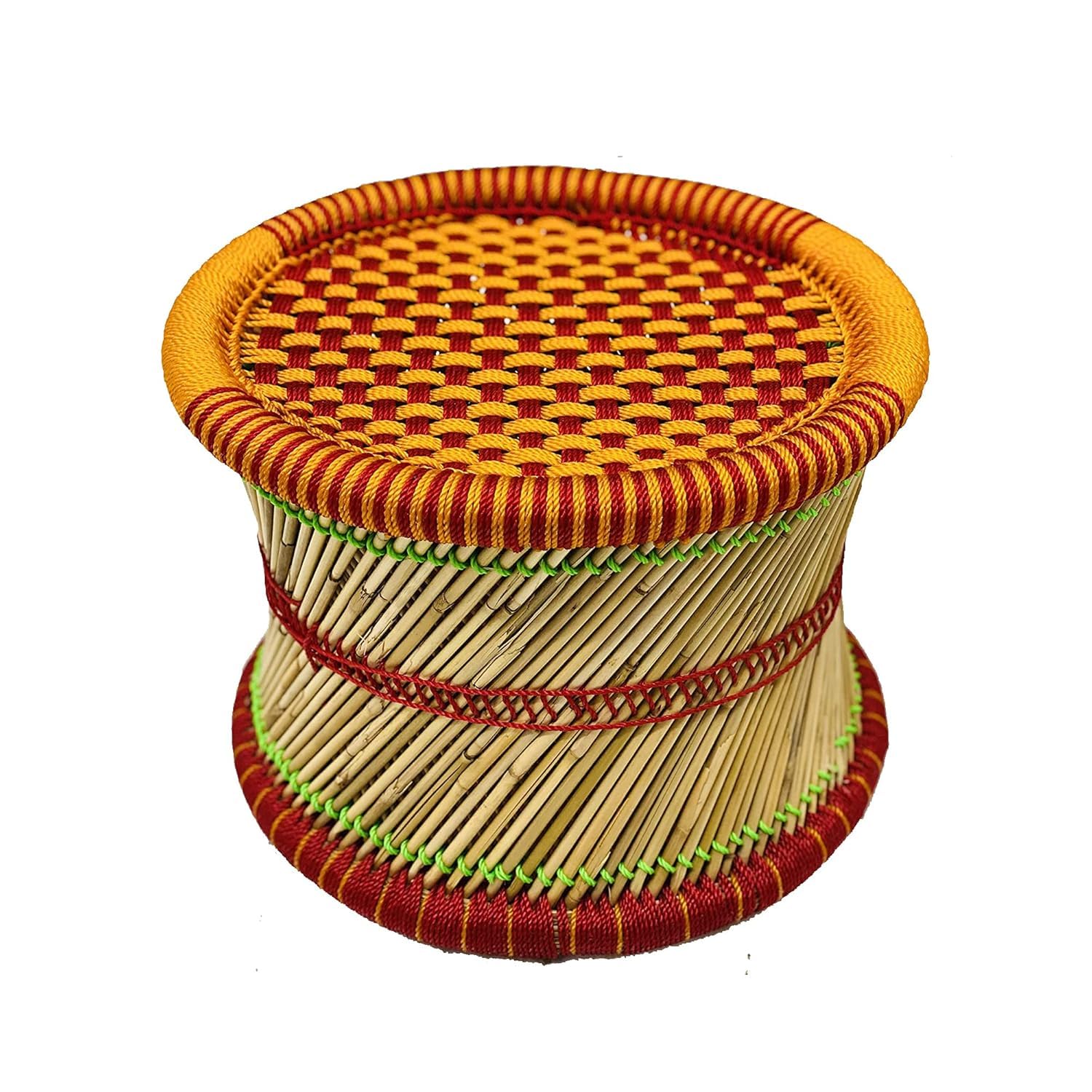 Small Rajasthani Handmade Cane Wood Bamboo Mudda for Living Room, Balcony Sitting Stool/Chair for Outdoor/Indoor Furnishing || (Orange, Set of 1)-image-25