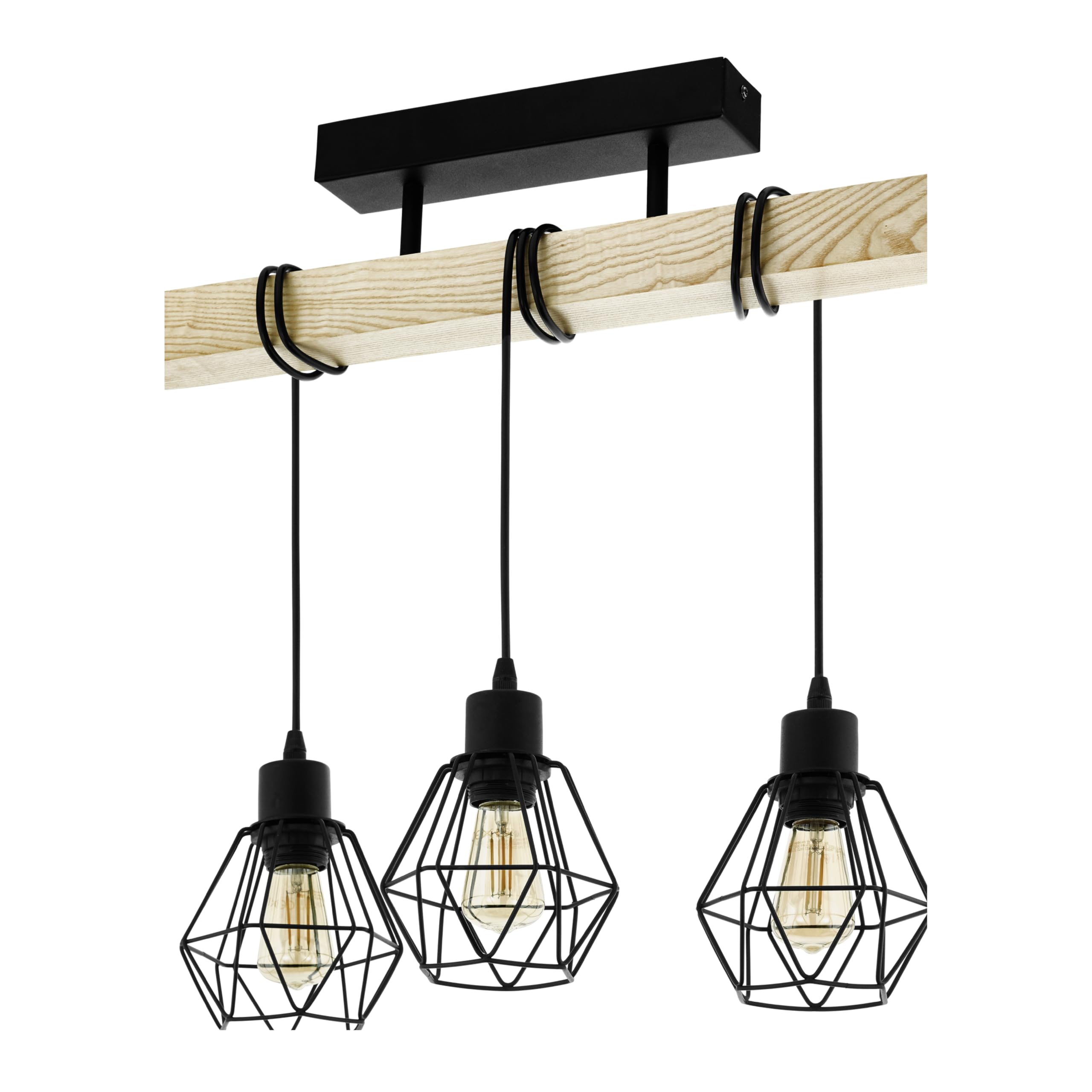 Eglo Ceiling Light Fitting Townshend 5, 3-Light Vintage Pendant Lighting, Industrial Hanging lamp for Living Room, Black Metal and Natural Wood, FSC, E27 Socket