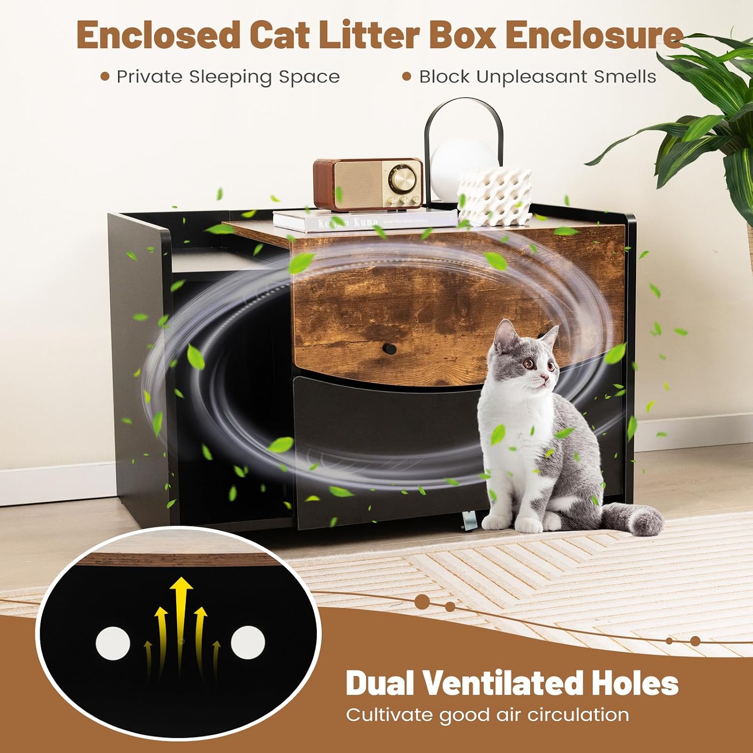 Giantex Cat Litter Box Enclosure - Hidden Cat Washroom Furniture with Rolling Pull-Out Drawer, Flip-up Door, Front Entry, Air Vents, Hanging Hook, Wooden Pet Crate Cat House Storage Cabinet