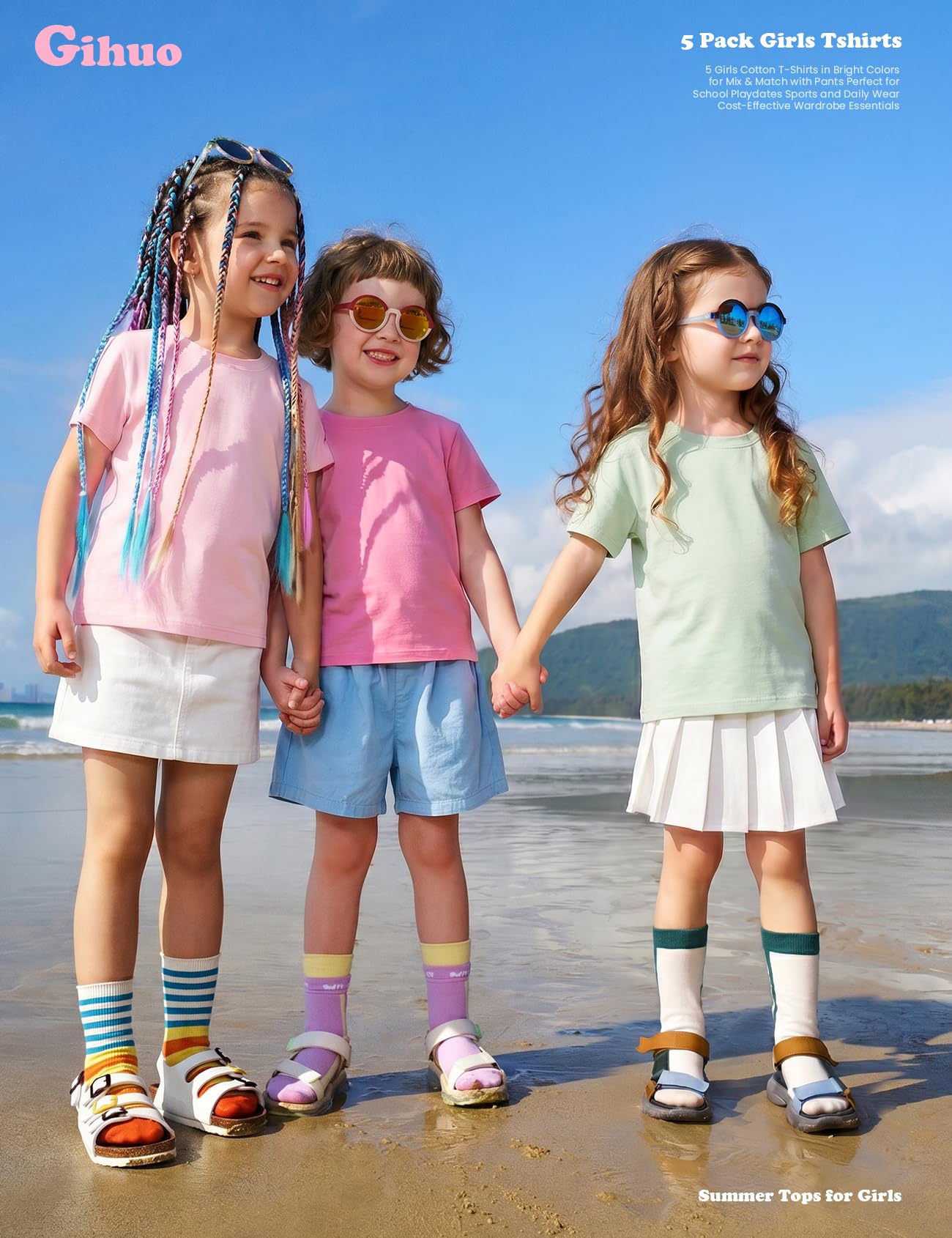 Gihuo Baumwoll-T-Shirts für Mädchen, 5er-Pack, kurzärmelig, weiche Sommer-Tops für Kinder von 5–14 Jahren