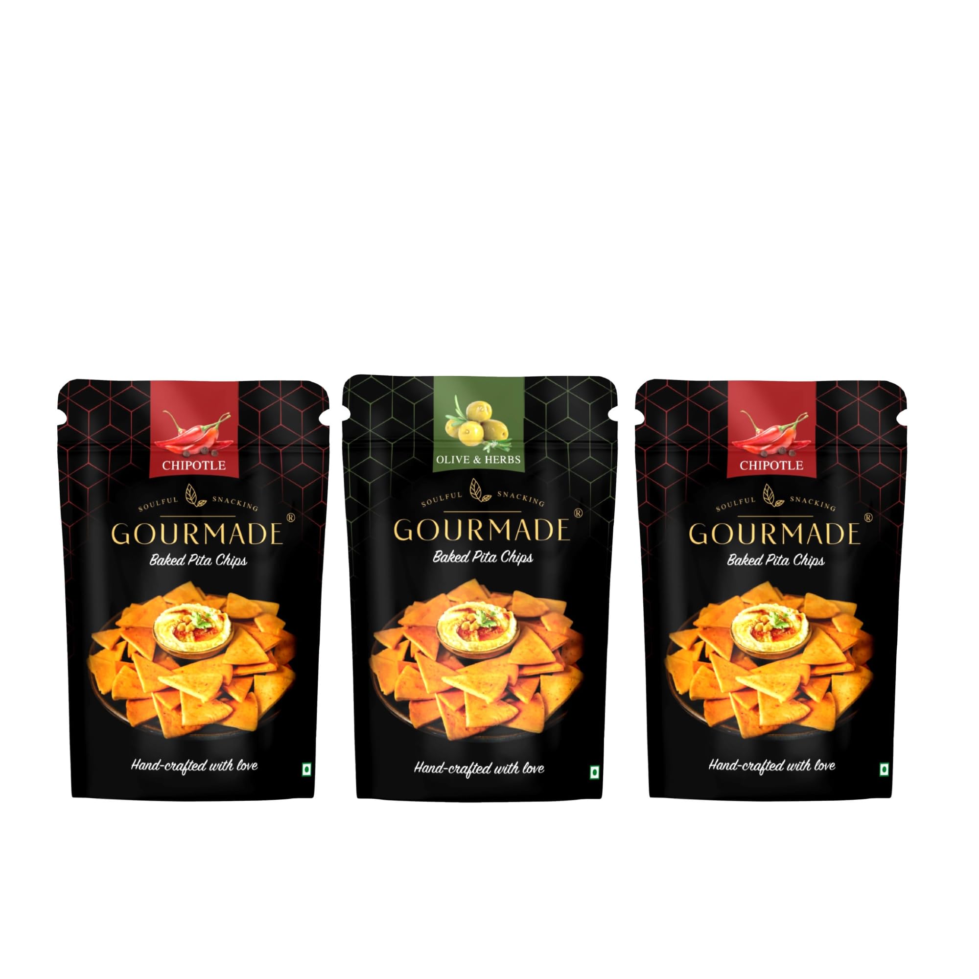 Pita Chips | Baked for healthy Snacking, 375g | 2 x Chipotle & 1 x Olive & Herbs (125gms ecah-Pack of 3) | Baked Chips | Bar Party Snacks | Dip Chips | Starter Chips | Nachos & Tortillas